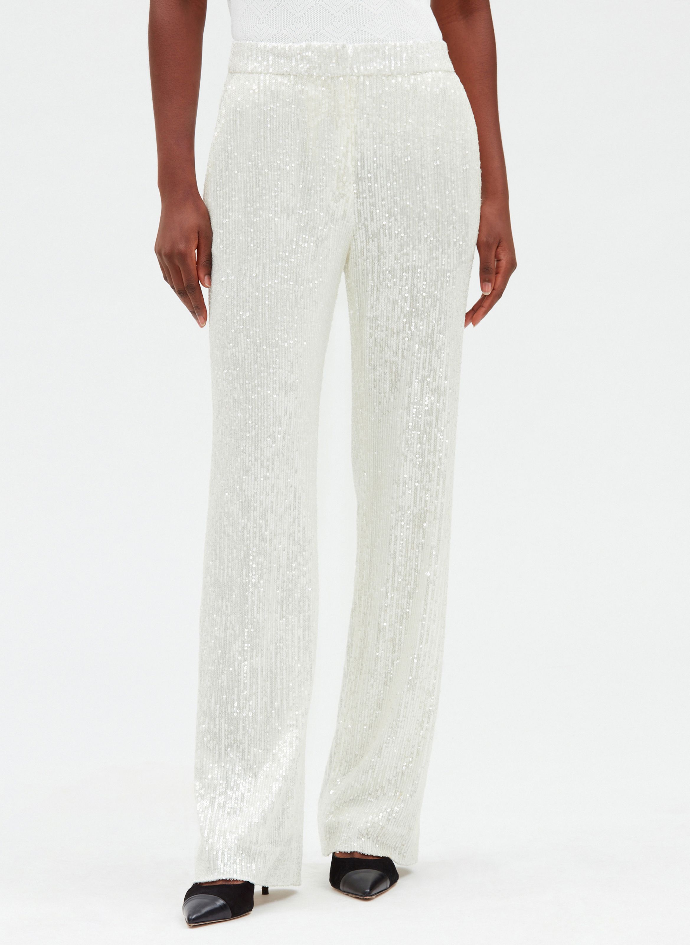 White Wide leg pants with embroidered sequins