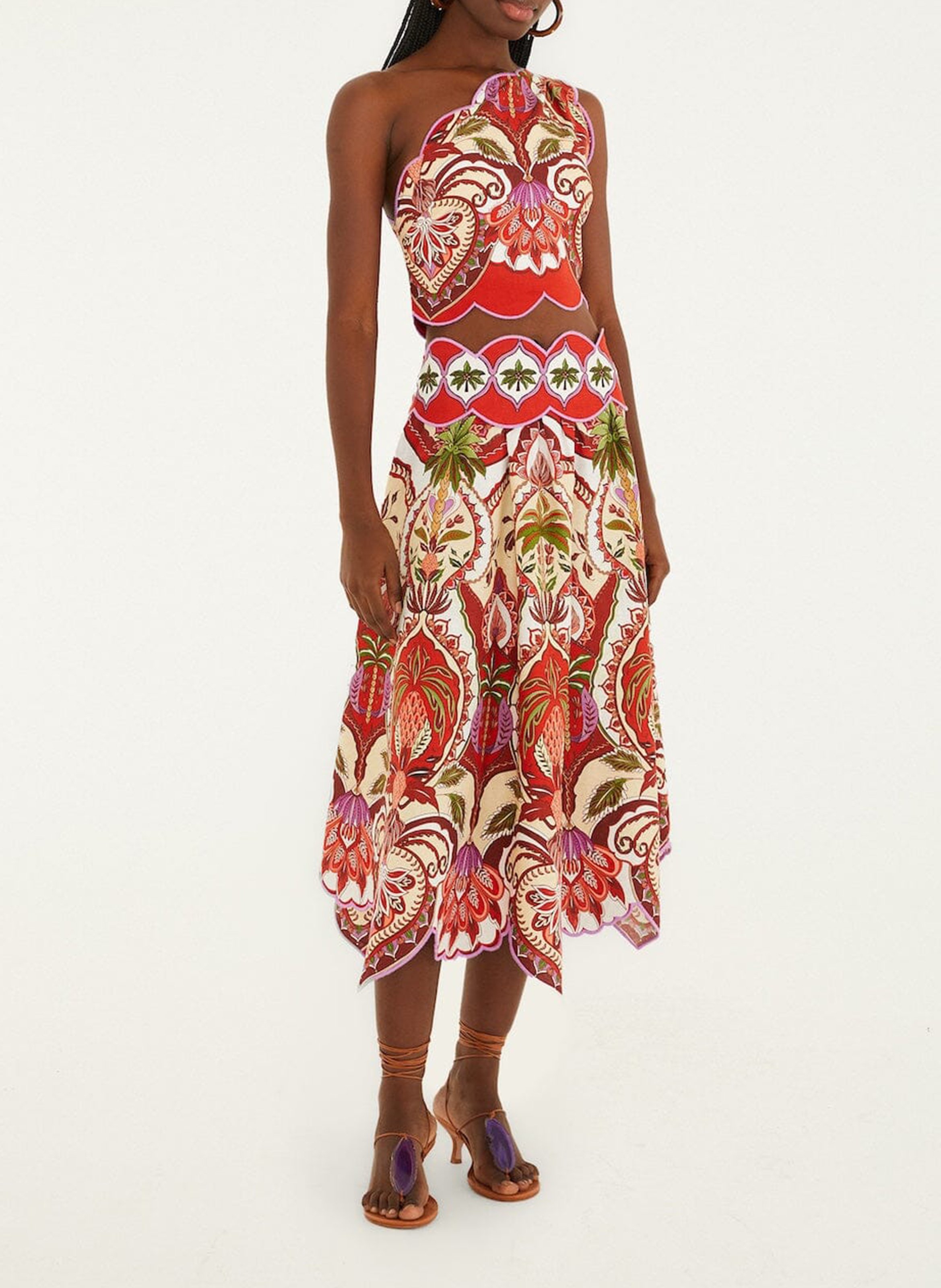 A-line linen-blend midi skirt FARM RIO Red