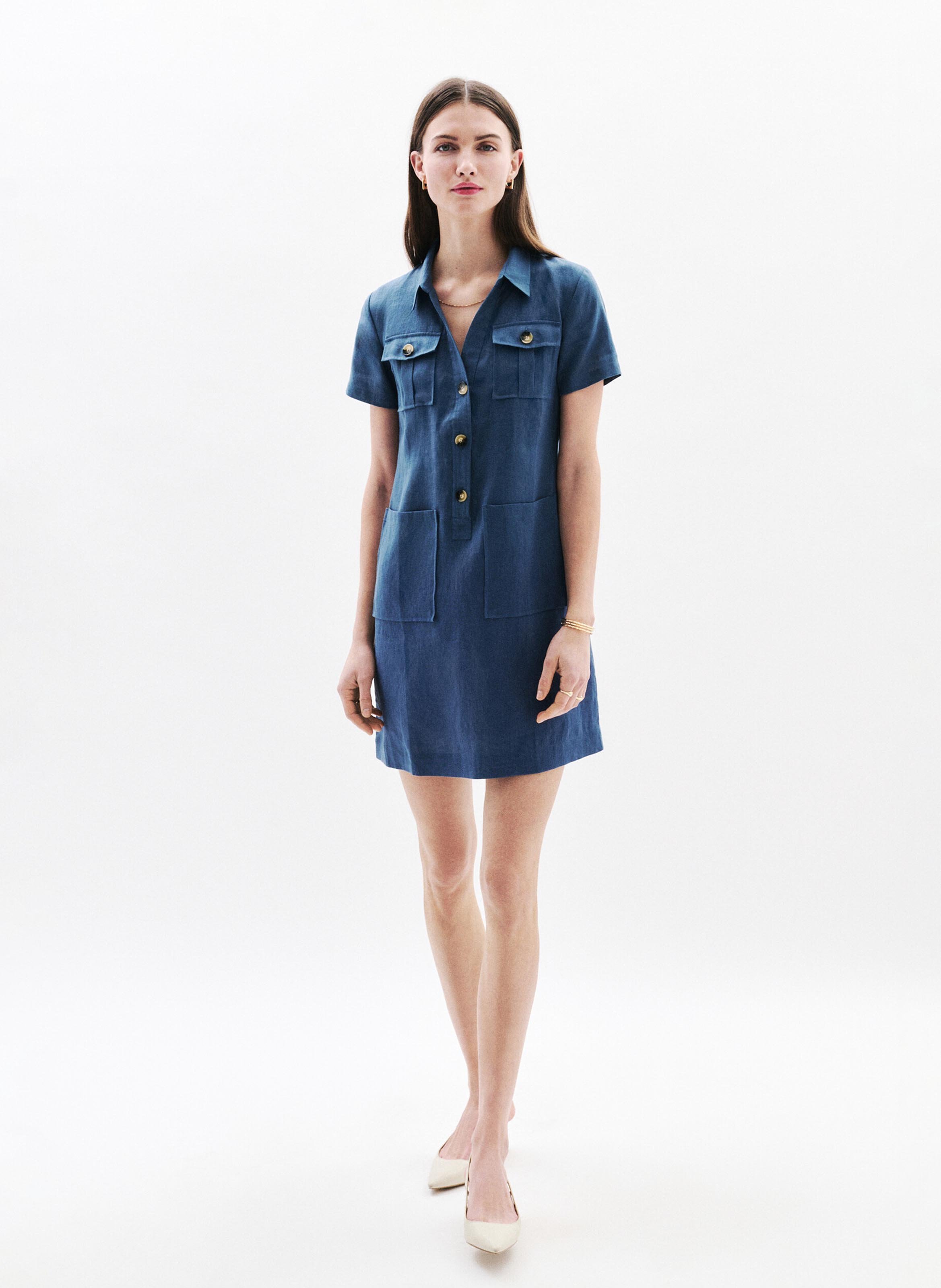 Robe courte droite boutonnée en lin CAROLL Bleu