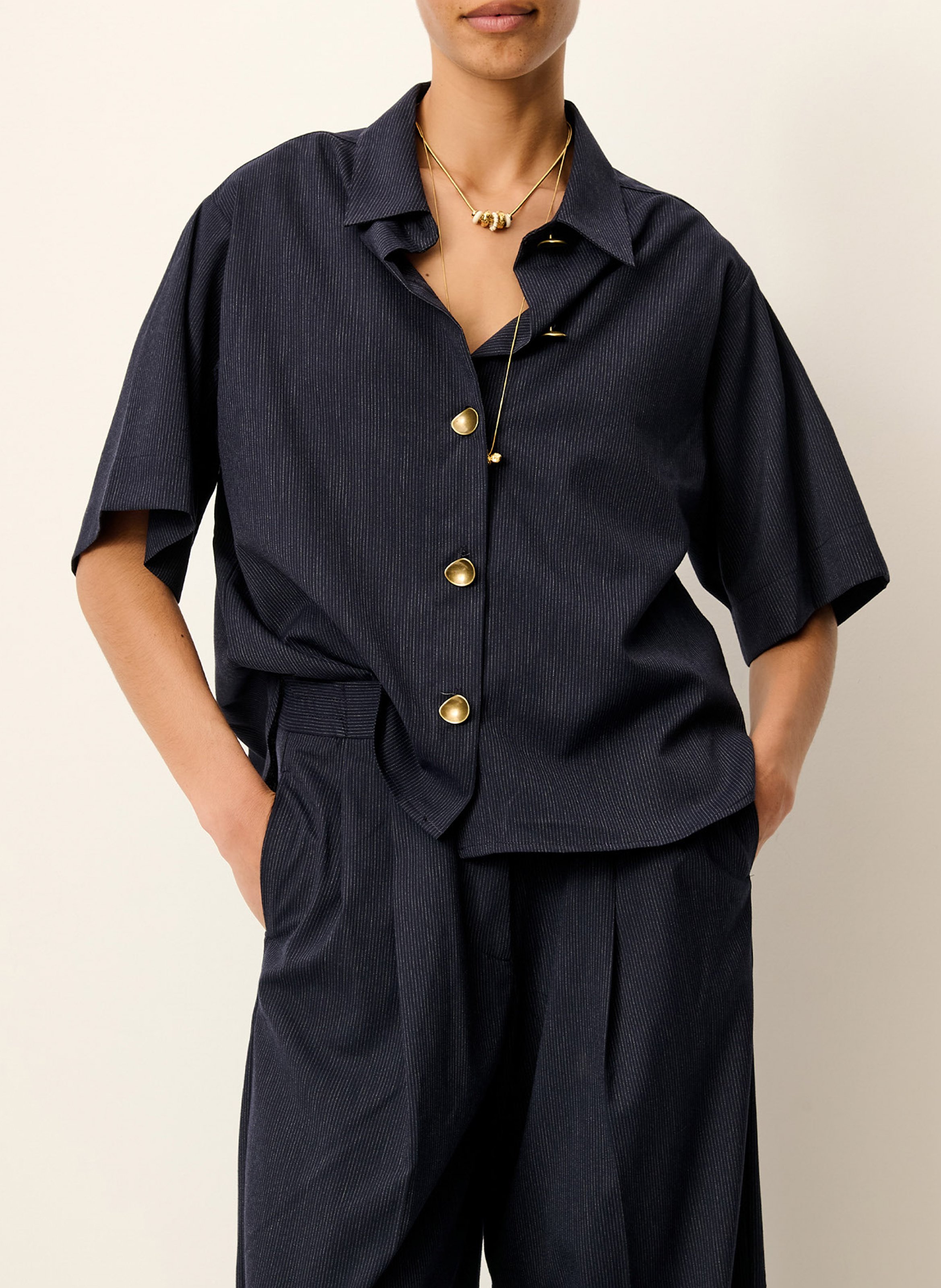 High-waisted straight-leg trousers in oxford fabric SESSUN Blue