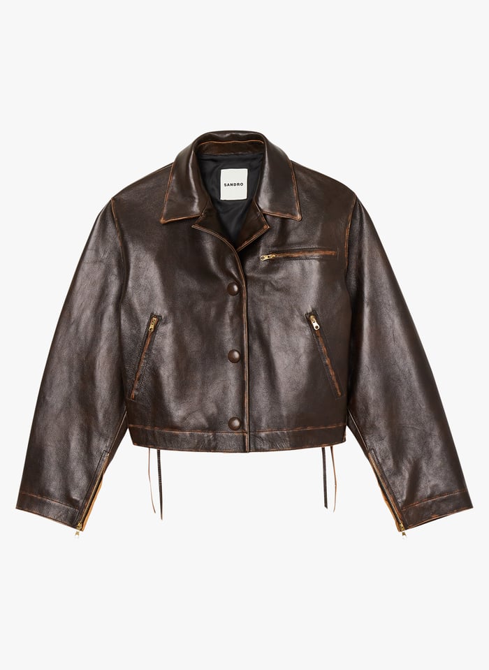 Distressed Leather Jacket Marron Fonce Sandro Women Place des