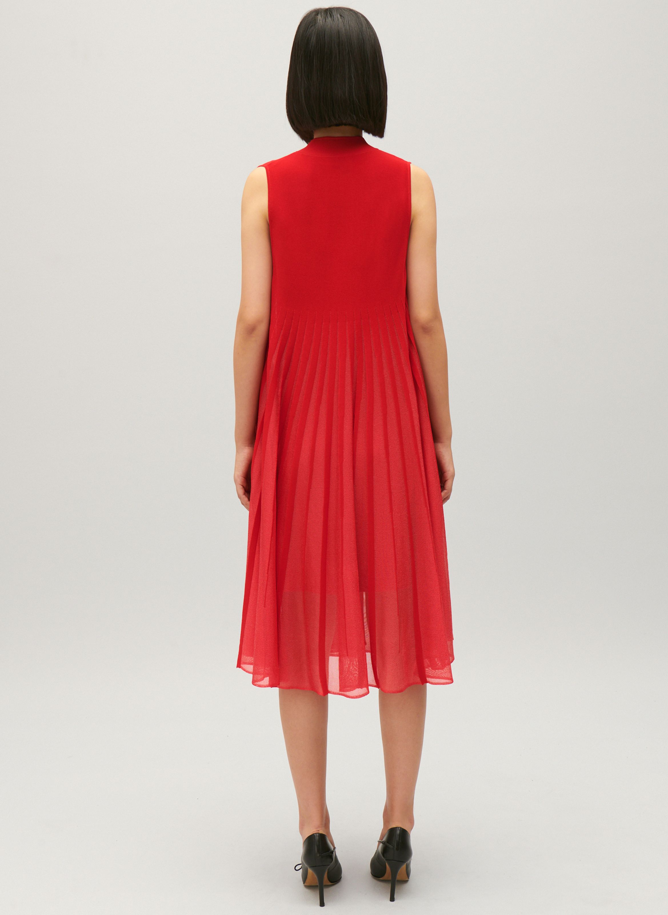 Robe midi droite col mao en maille Rouge