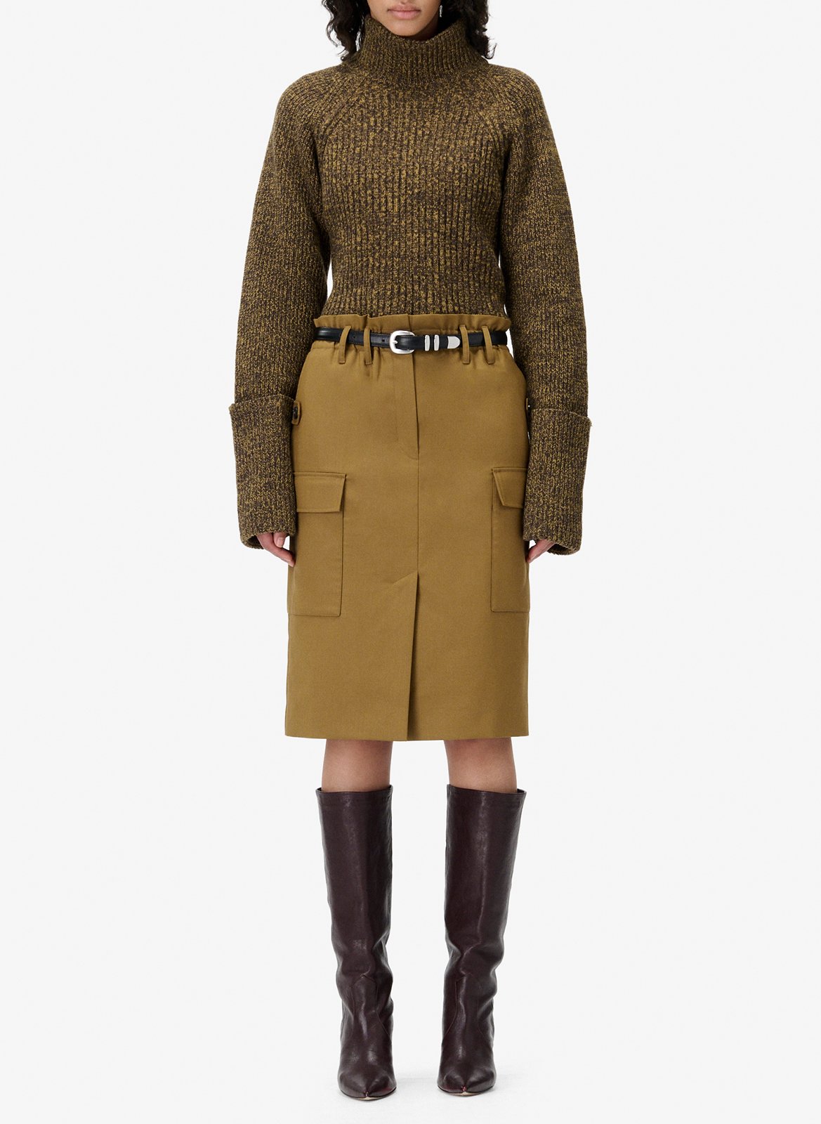 Jupe midi droite à poches en laine IRO Marron
