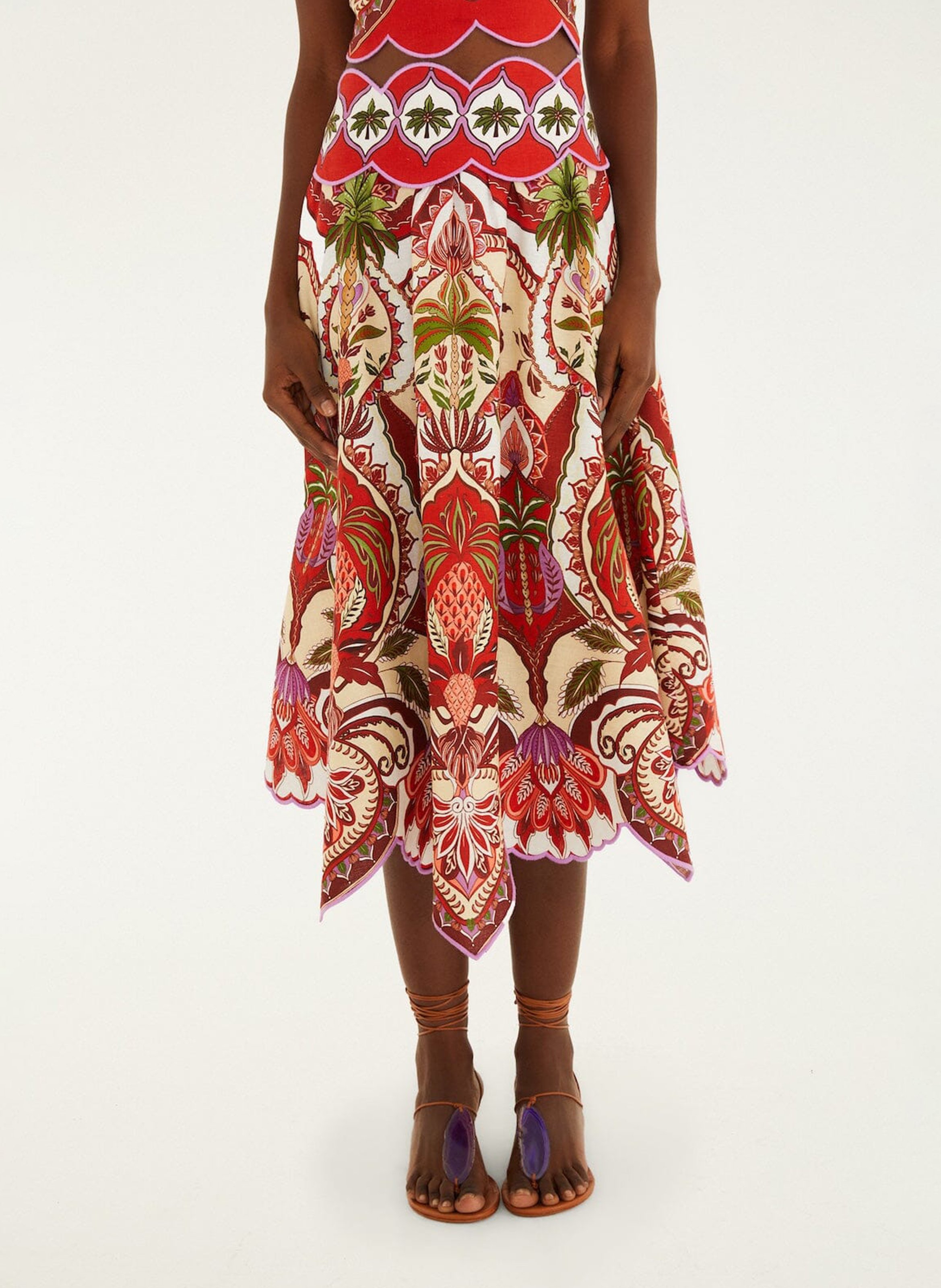 A-line linen-blend midi skirt FARM RIO Red