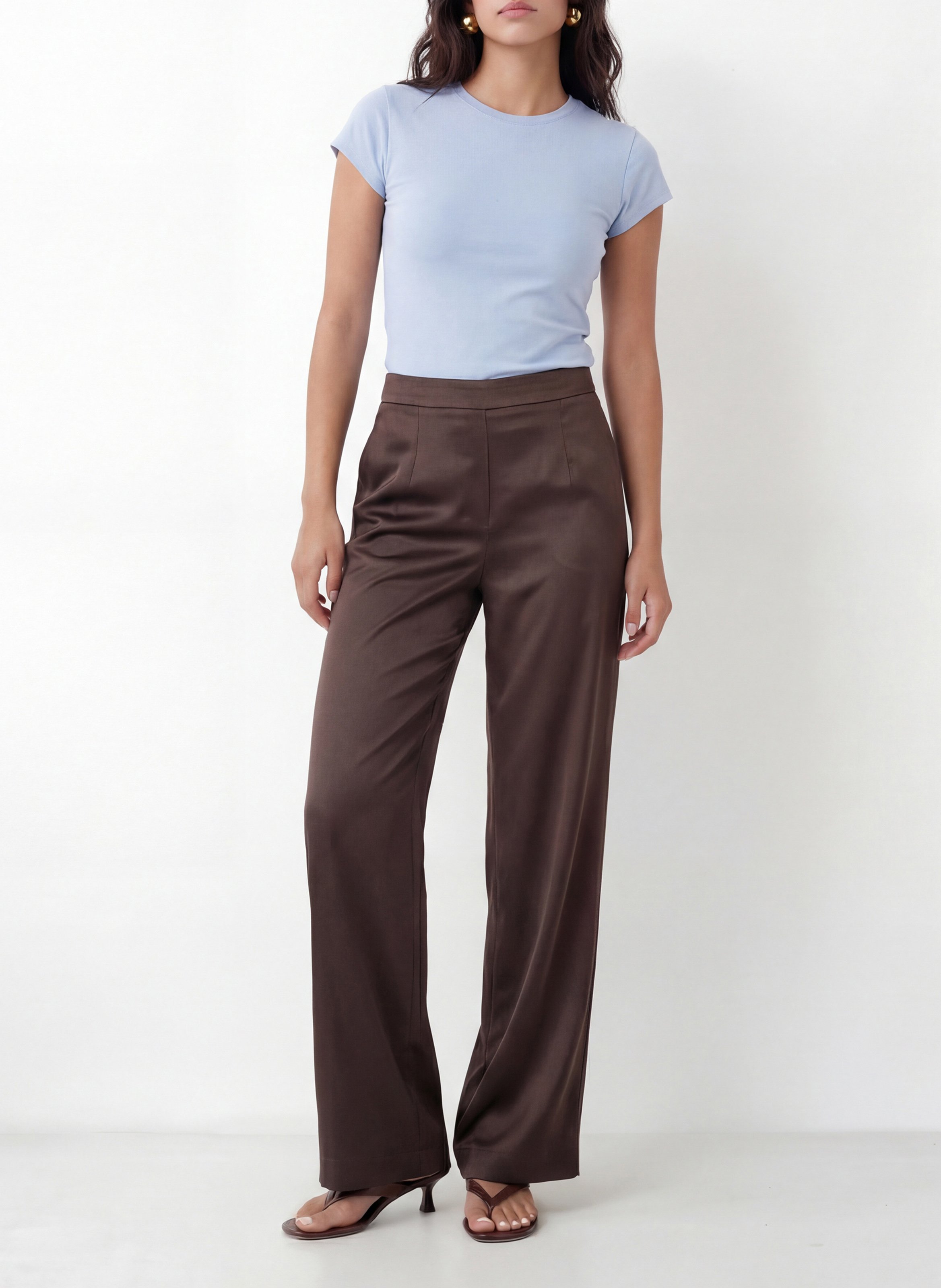 Rechte, glanzende broek met hoge taille KOOKAI Bruin