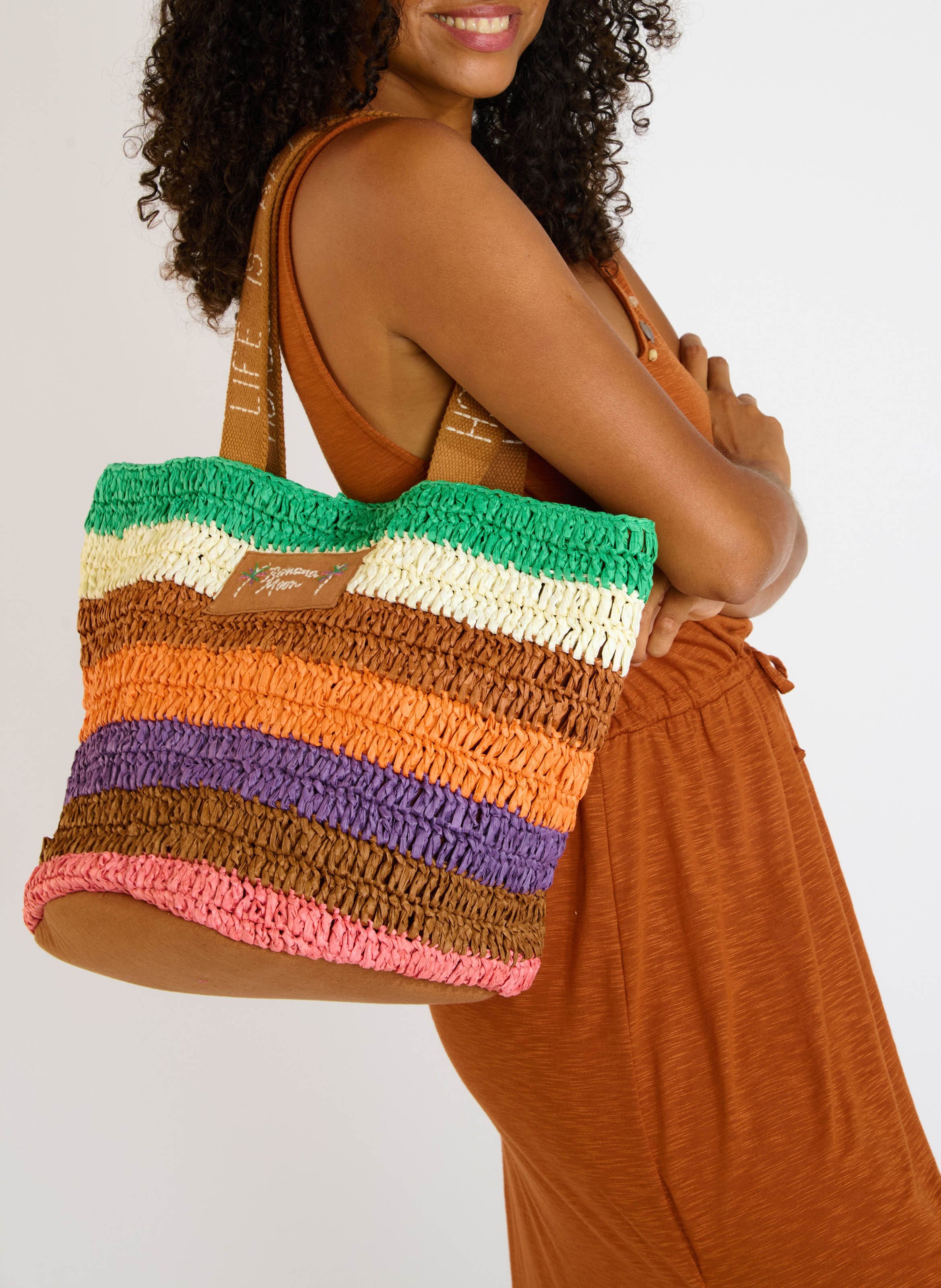 Striped raffia and cotton tote bag BANANA MOON Brown