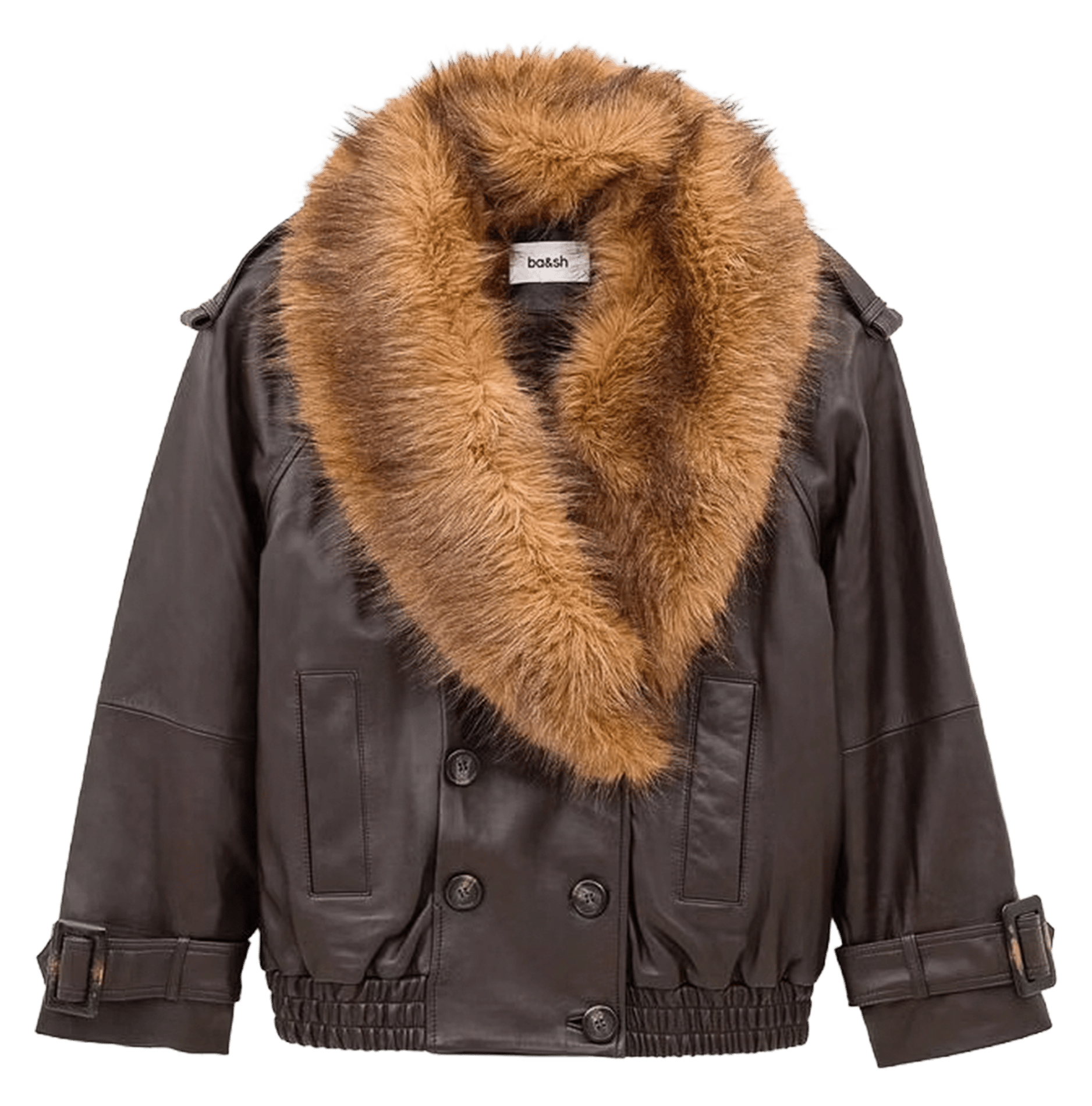 Ruime leren jas met kraag met bontlook BA&SH Bruin