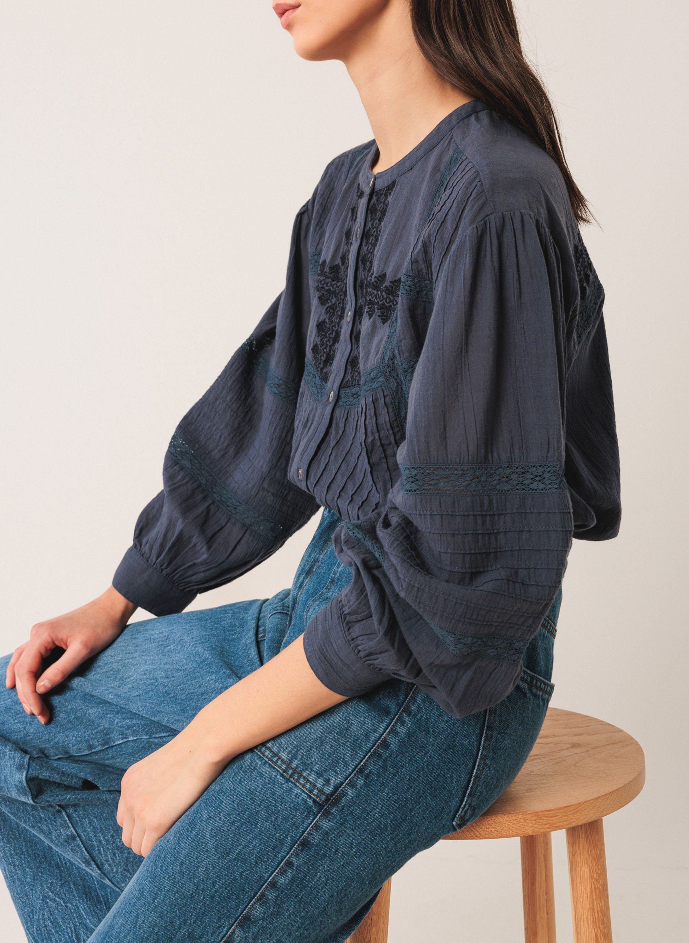 Chemise ample col rond en coton bio INDI & COLD Bleu