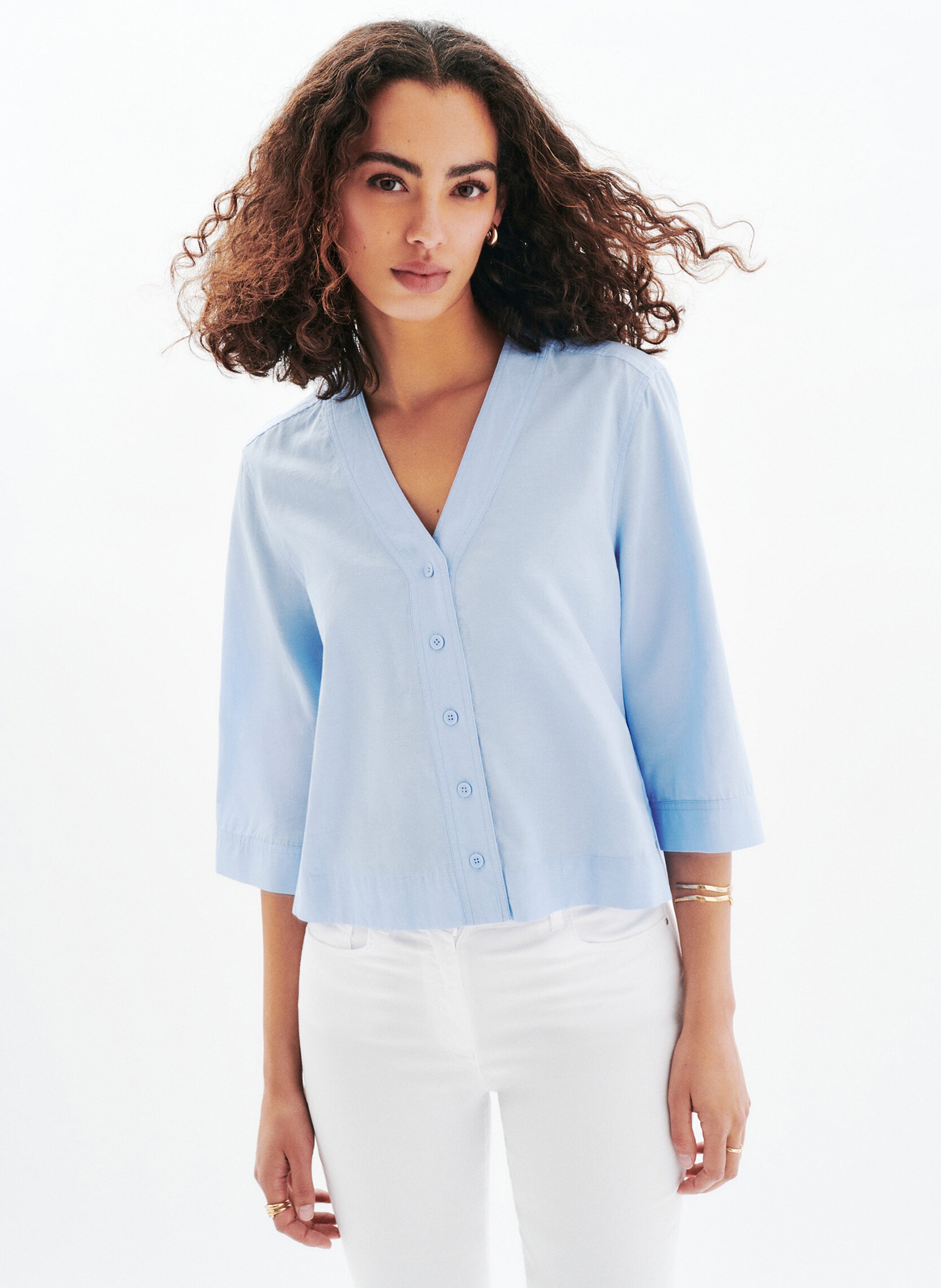Chemise col V en coton mélangé CAROLL Bleu