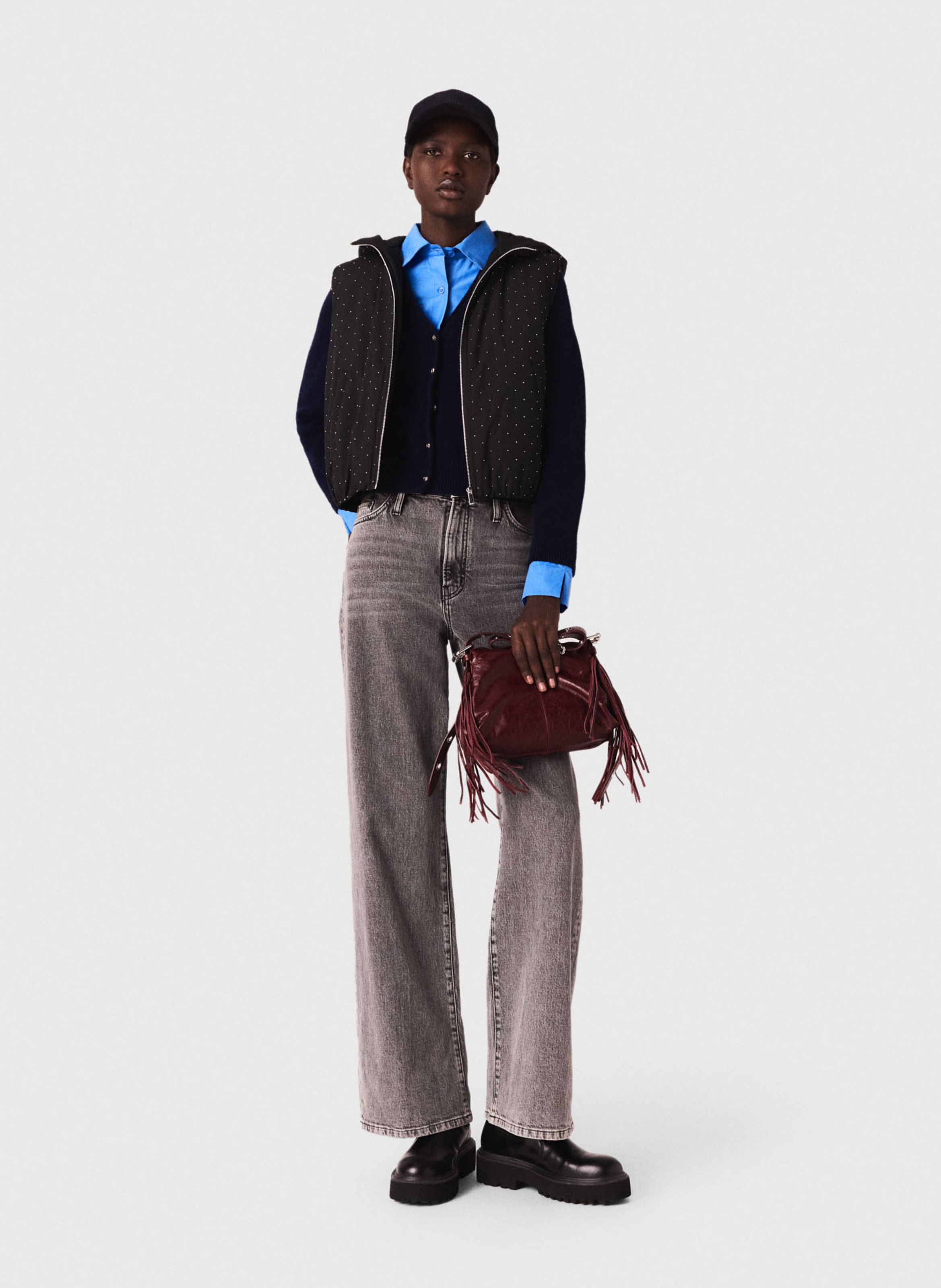 Doudoune droite col rond à strass MAJE Noir