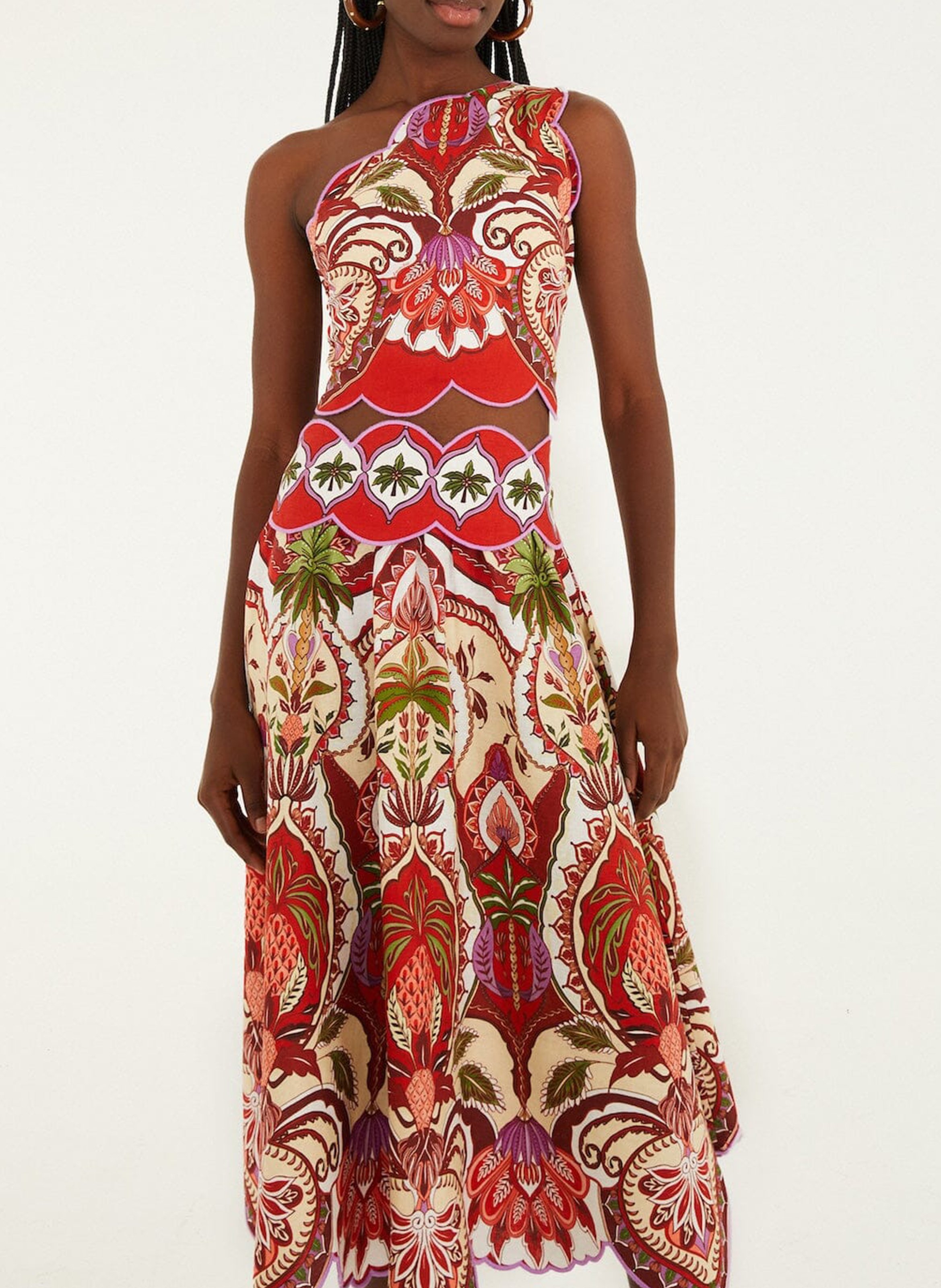 A-line linen-blend midi skirt FARM RIO Red