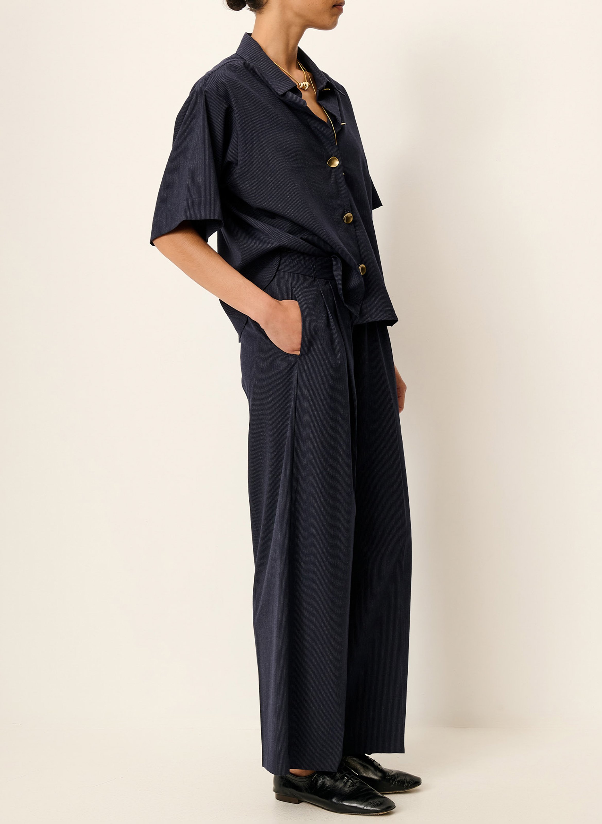 High-waisted straight-leg trousers in oxford fabric SESSUN Blue