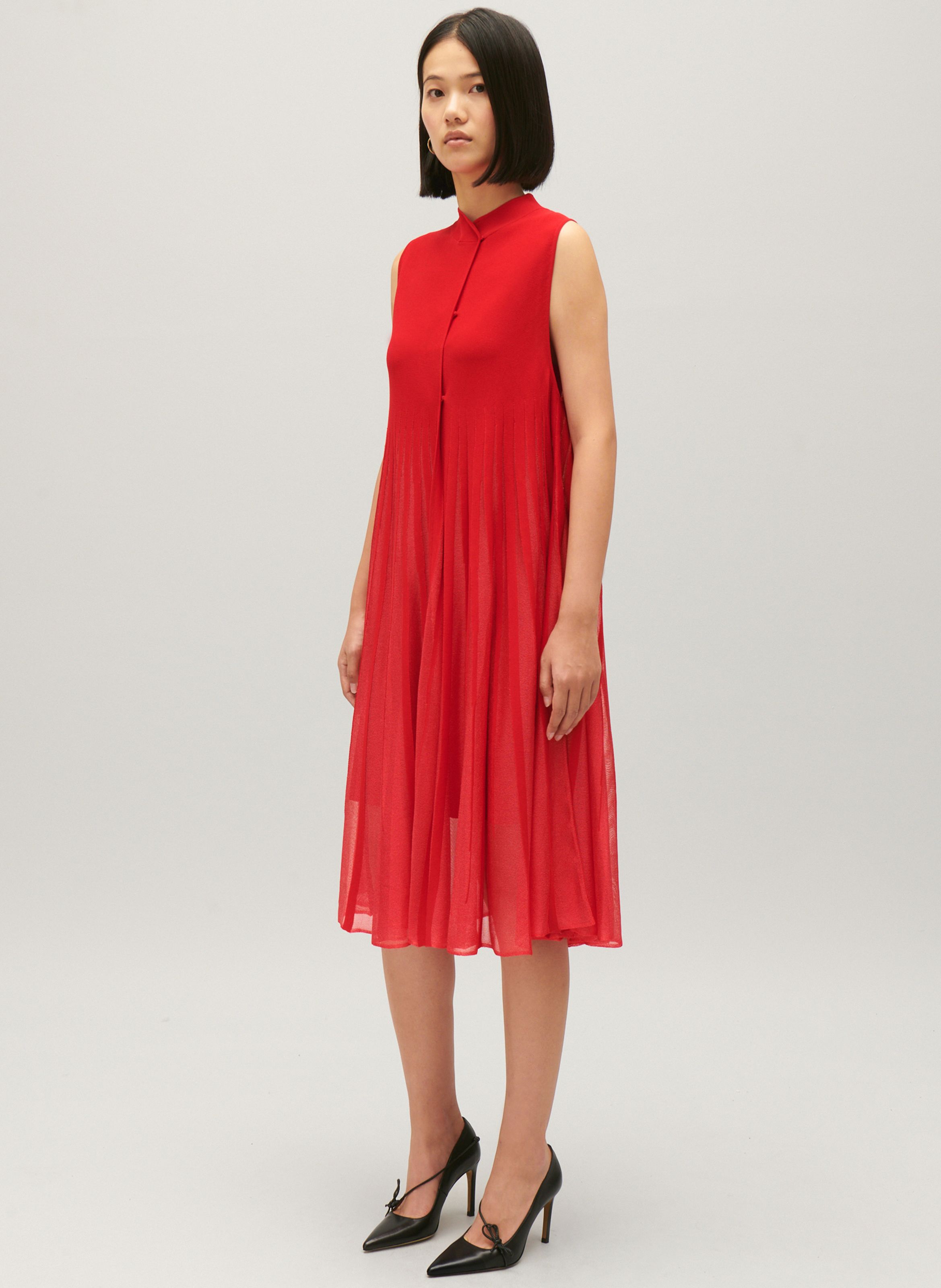 Robe midi droite col mao en maille Rouge