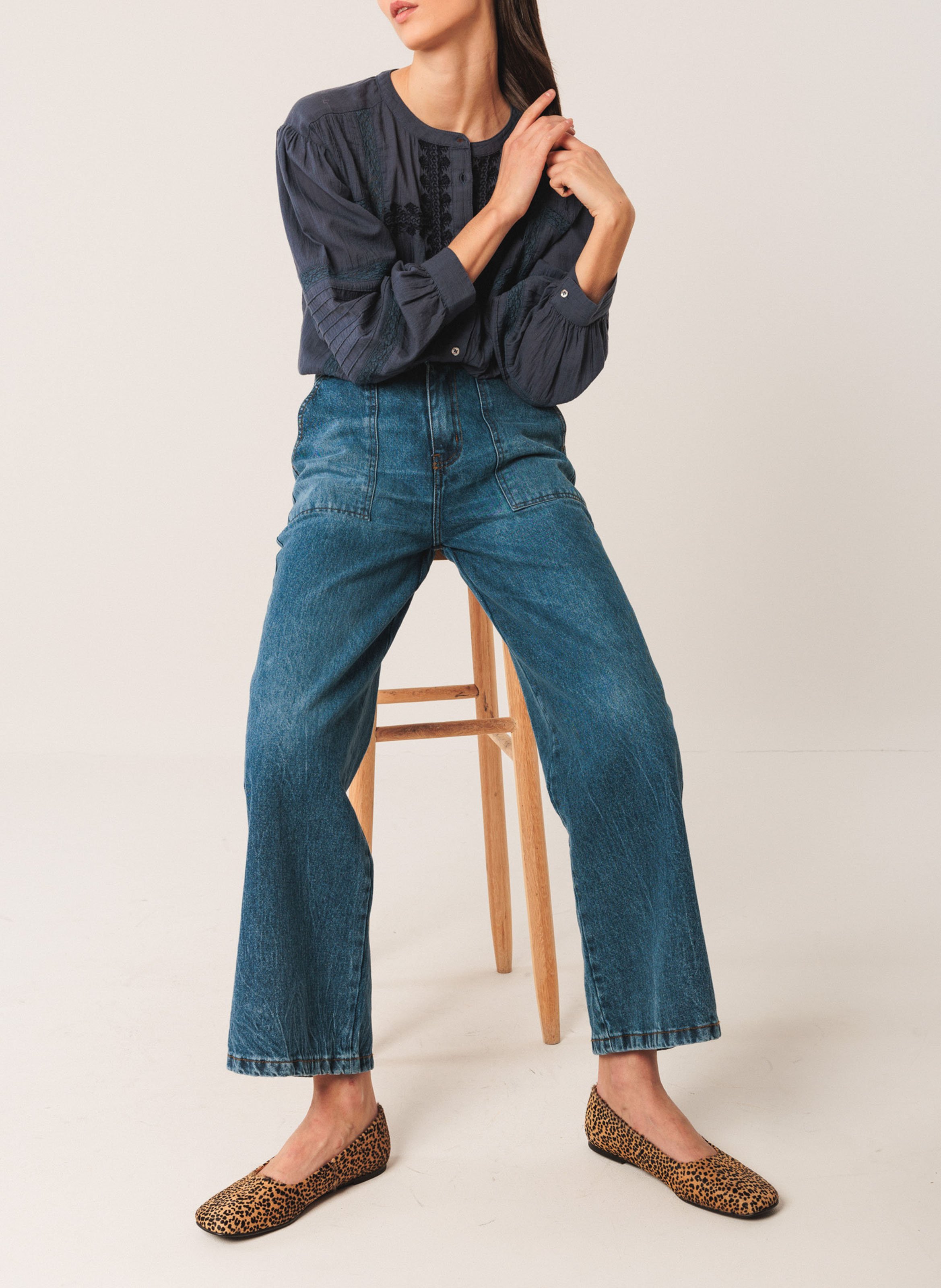 Chemise ample col rond en coton bio INDI & COLD Bleu