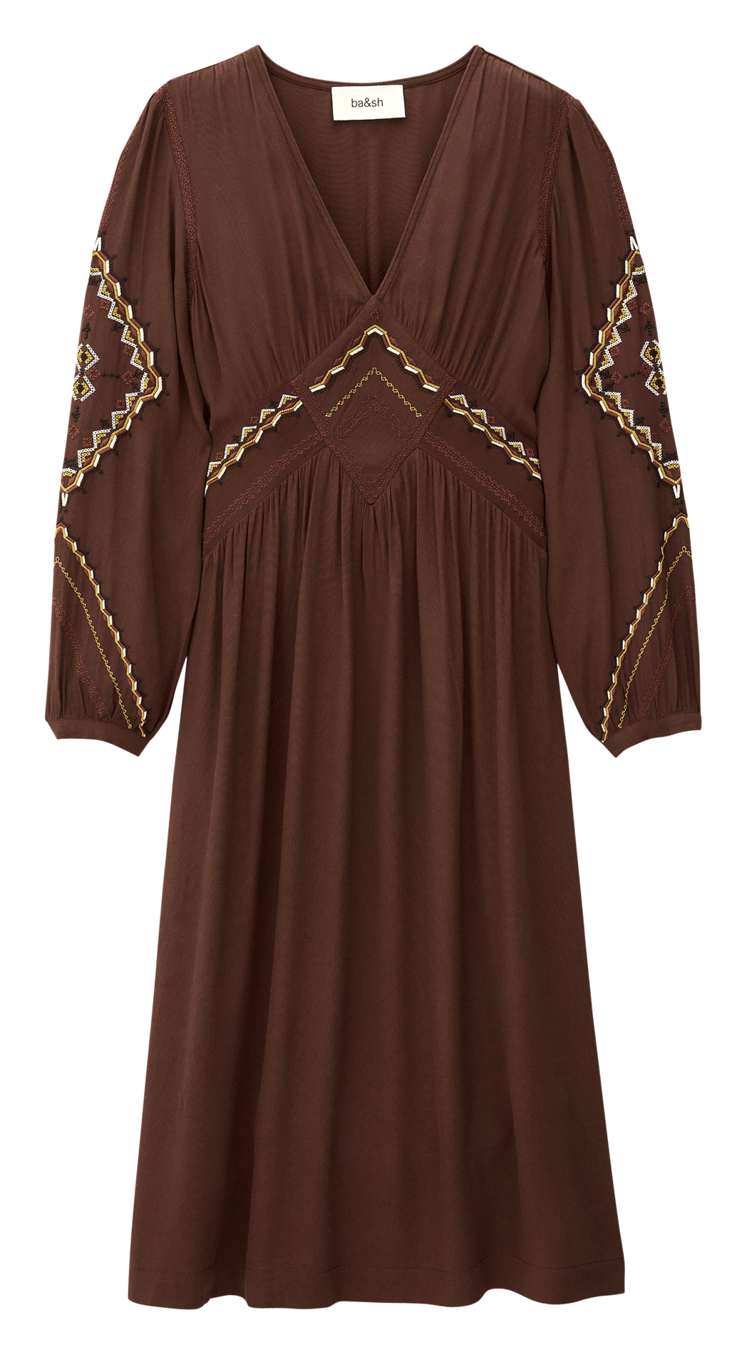 Halflange jurk met V-hals en borduurwerken BA&SH Bruin