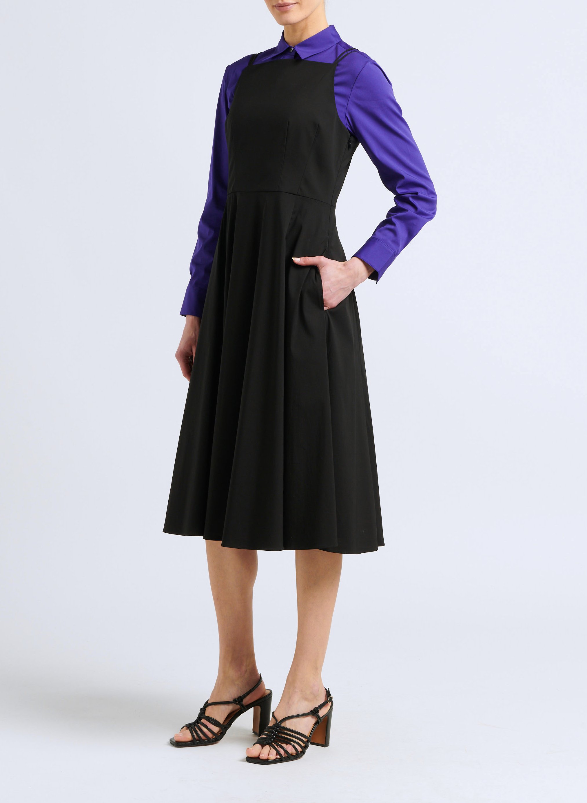 Vestido midi de mezcla de algodón con cuello cuadrado THEORY Negro