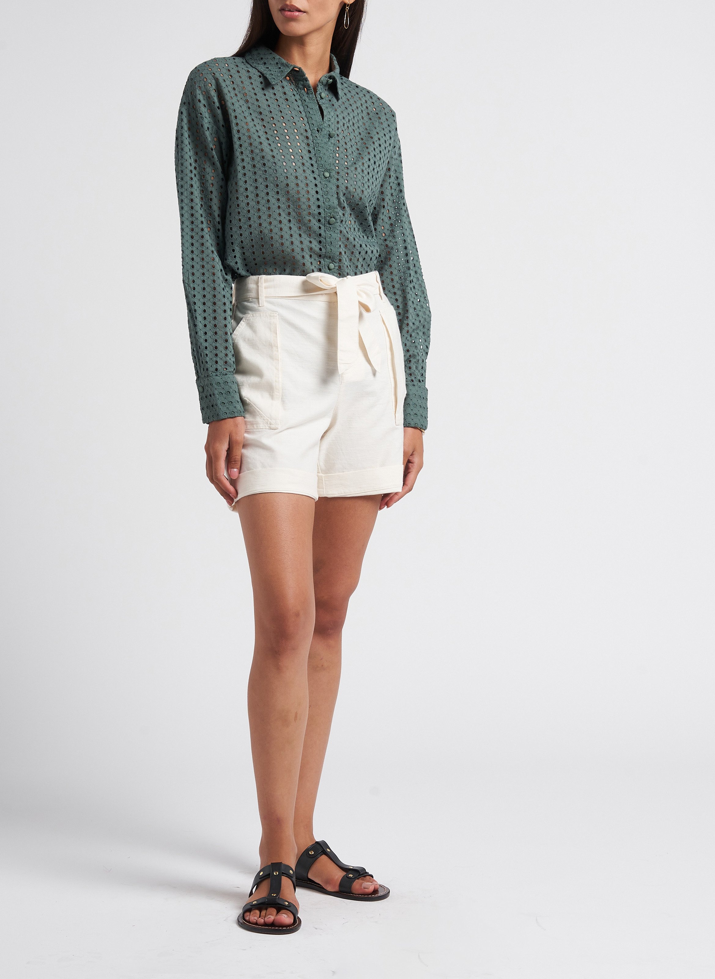 Baumwollbluse mit klassischem Kragen und Ajour-Stickerei VILA Grun