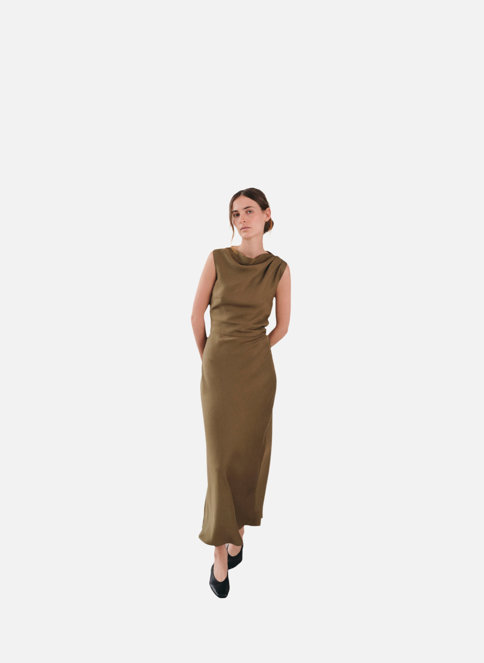Long dress Kalmar khaki satin Noyoco Green