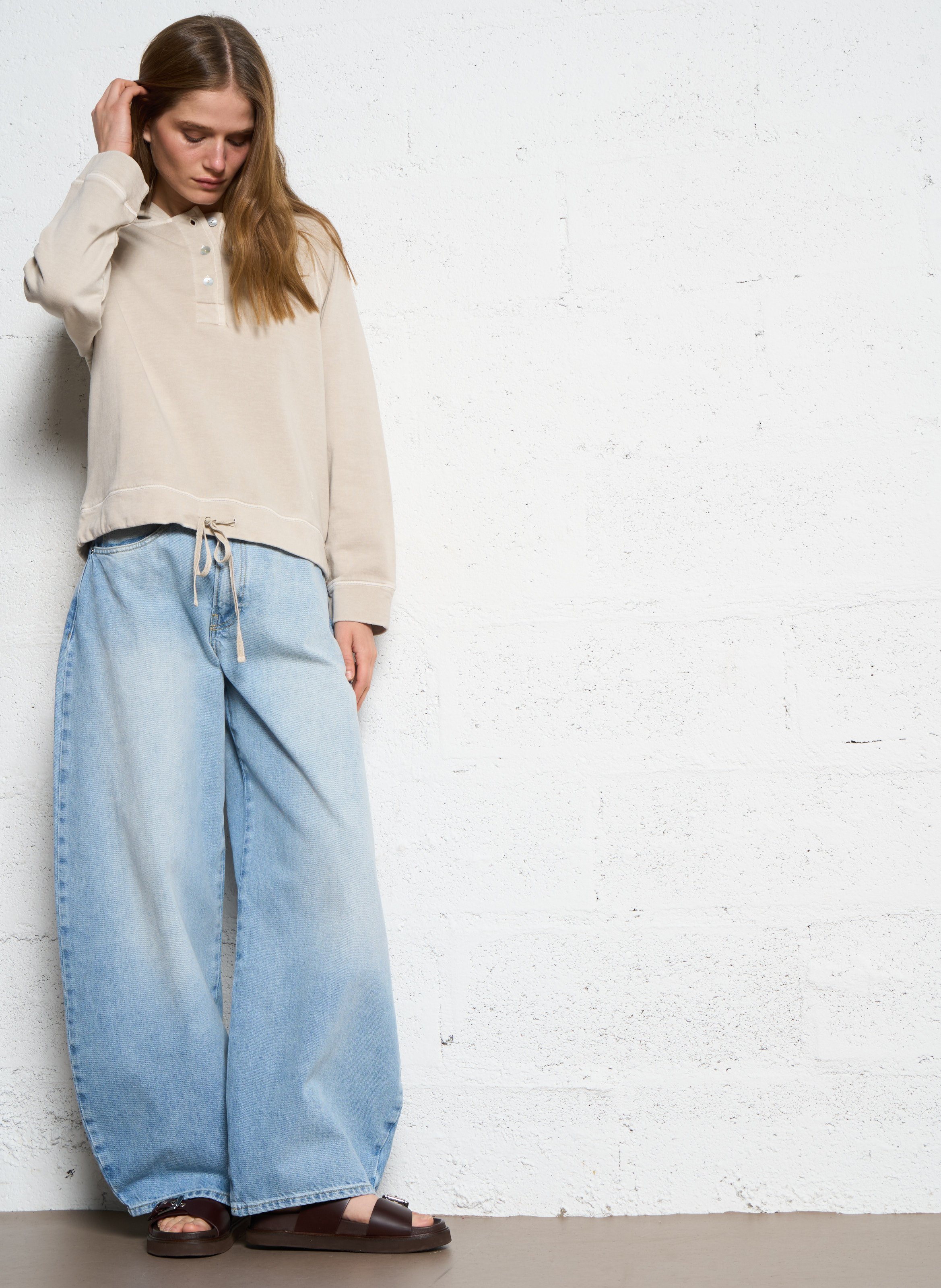 Jean large uni en coton BERENICE Bleu