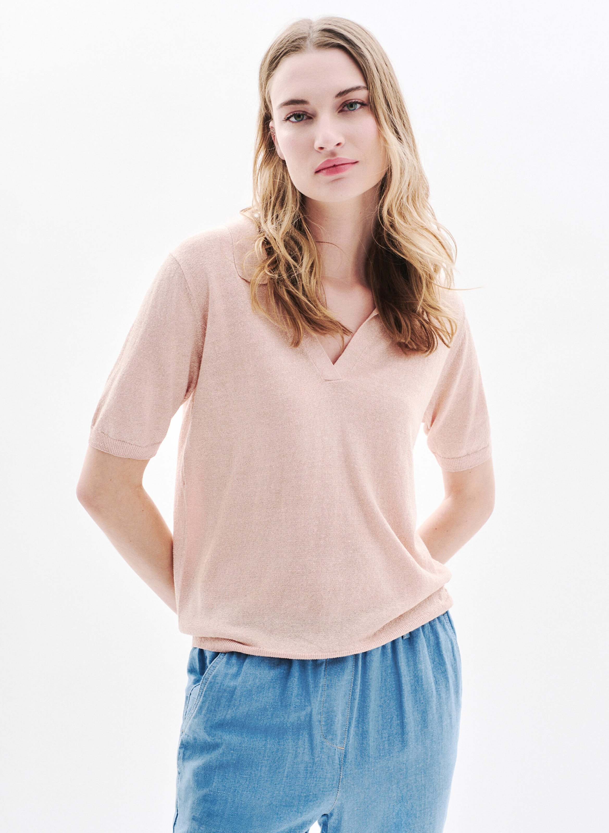 Pull col V chemise uni CAROLL Rose