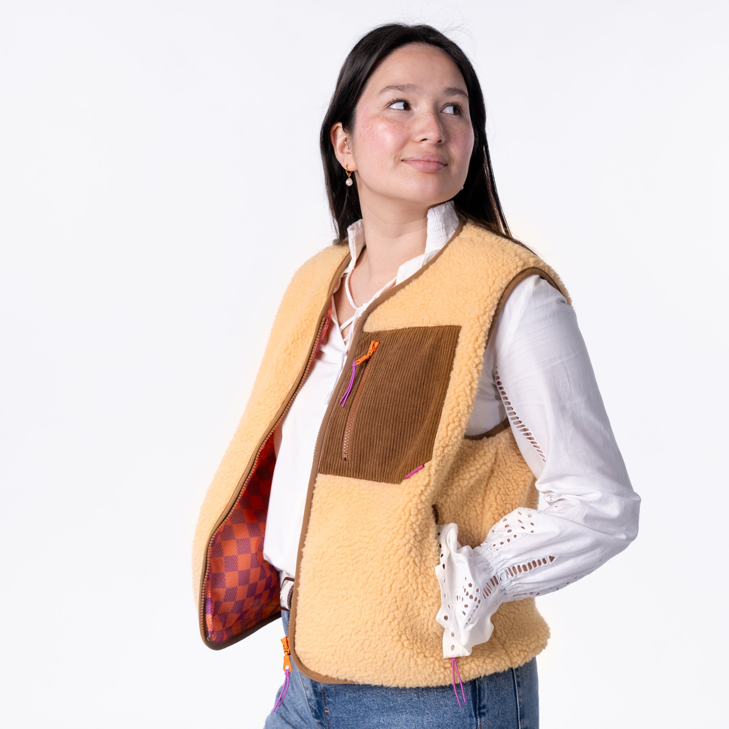 Sleeveless Sherpa Zip-Up Vest BILLYBELT Beige