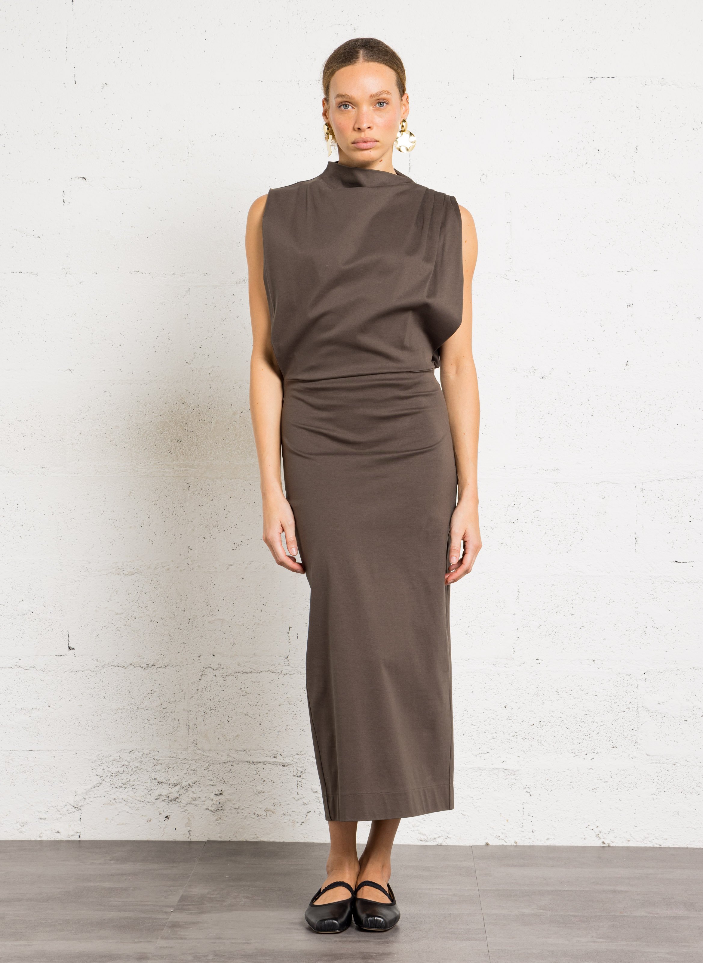 Vestido largo de algodón con cuello alto SOEUR Marron