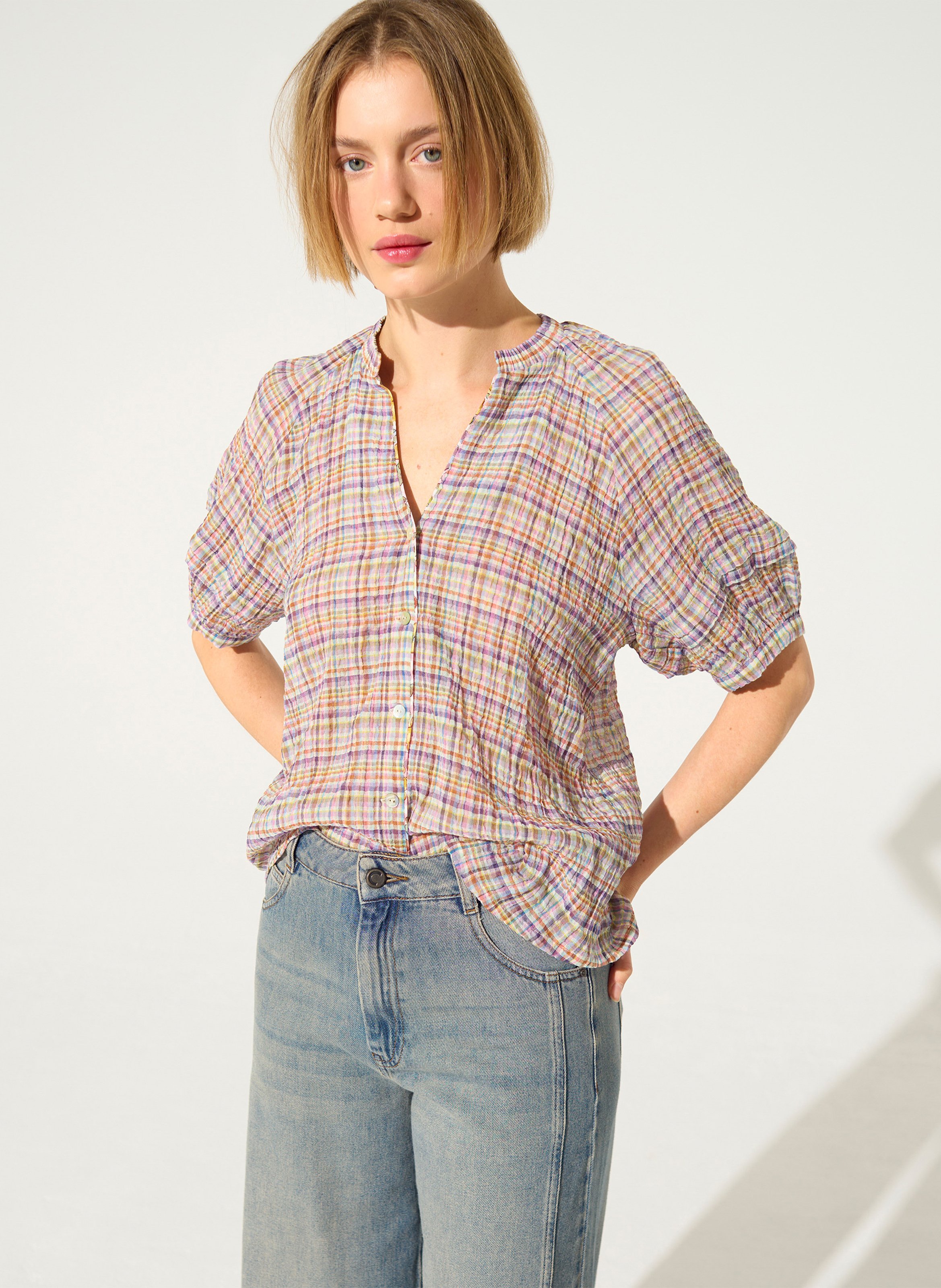 Blouse with puffed sleeves in print COTELAC Purple