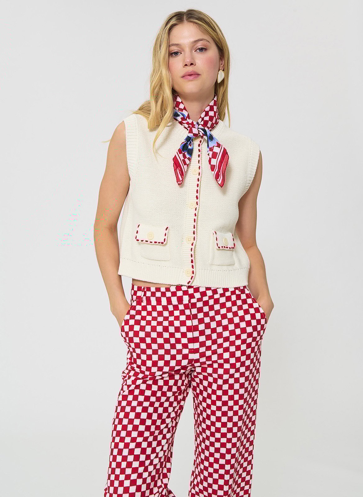 Gilet droit col rond en coton TARA JARMON Beige