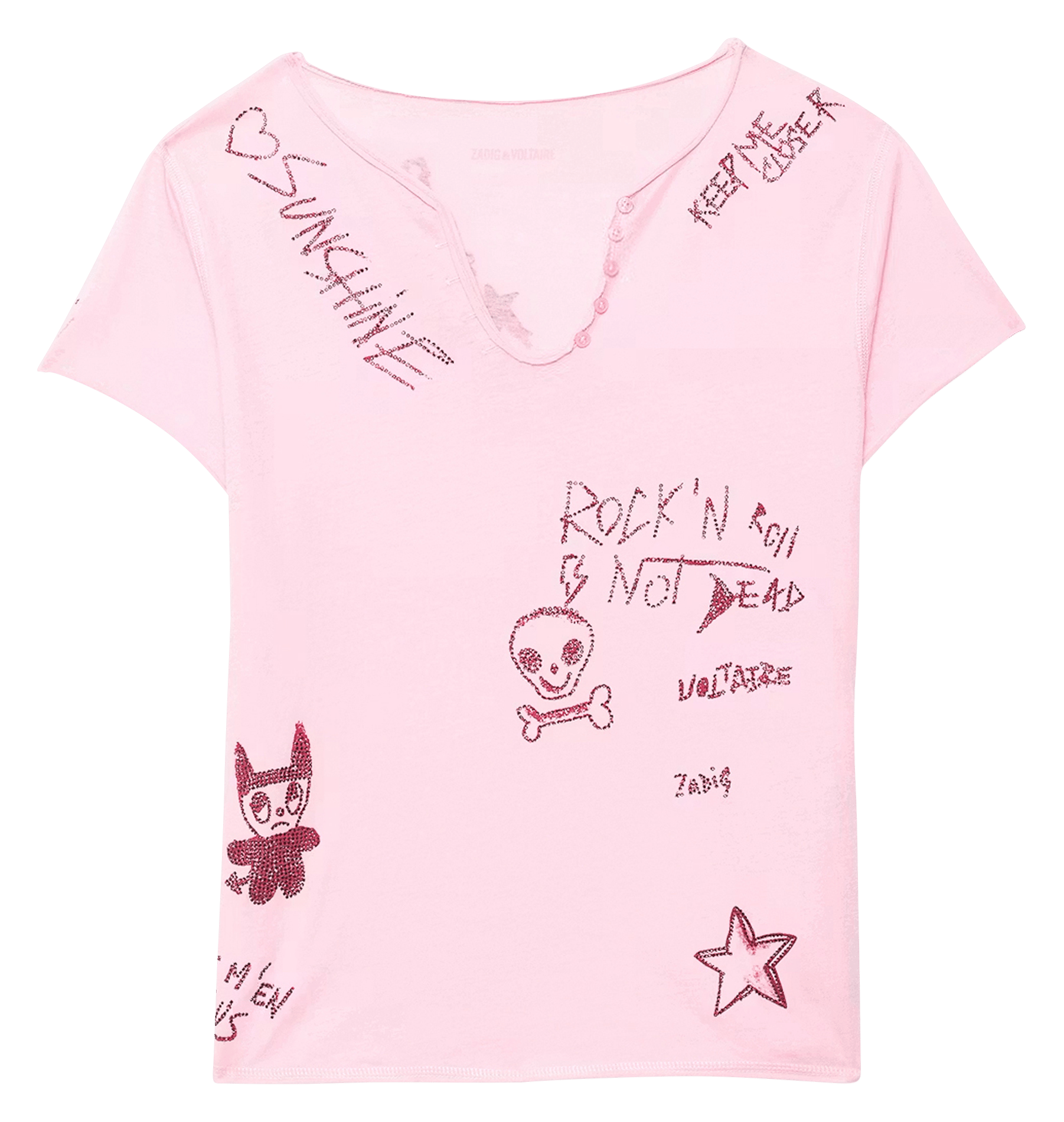 Tee-shirt droit col tunisien en coton imprimé ZADIG&VOLTAIRE Rose