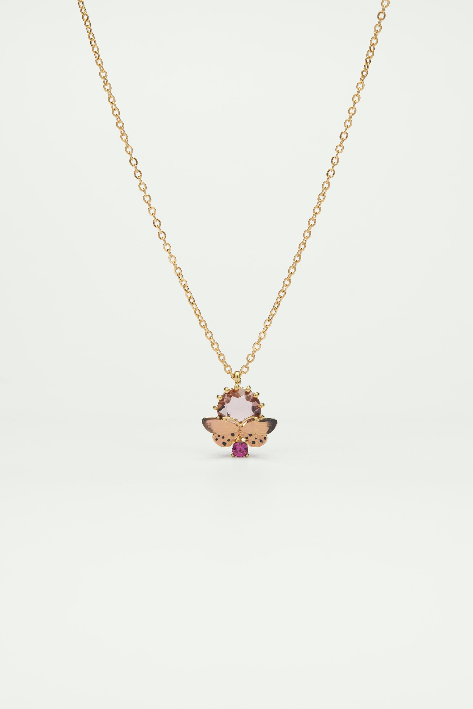 Collier pendentif papillon émaillé et pierres en verre taillé LES NEREIDES Rose