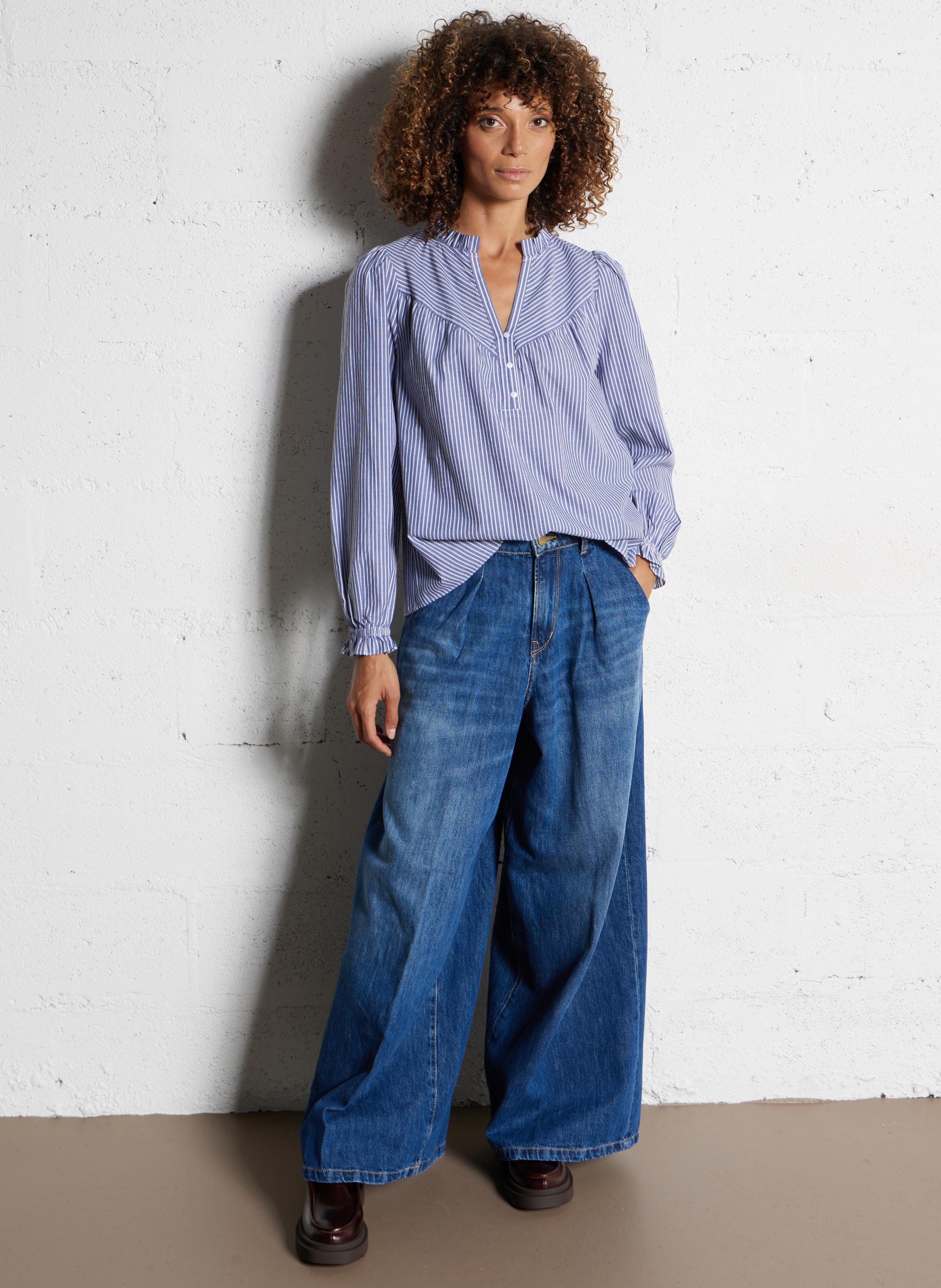 Blouse oversize col V en coton rayé SUD EXPRESS Bleu