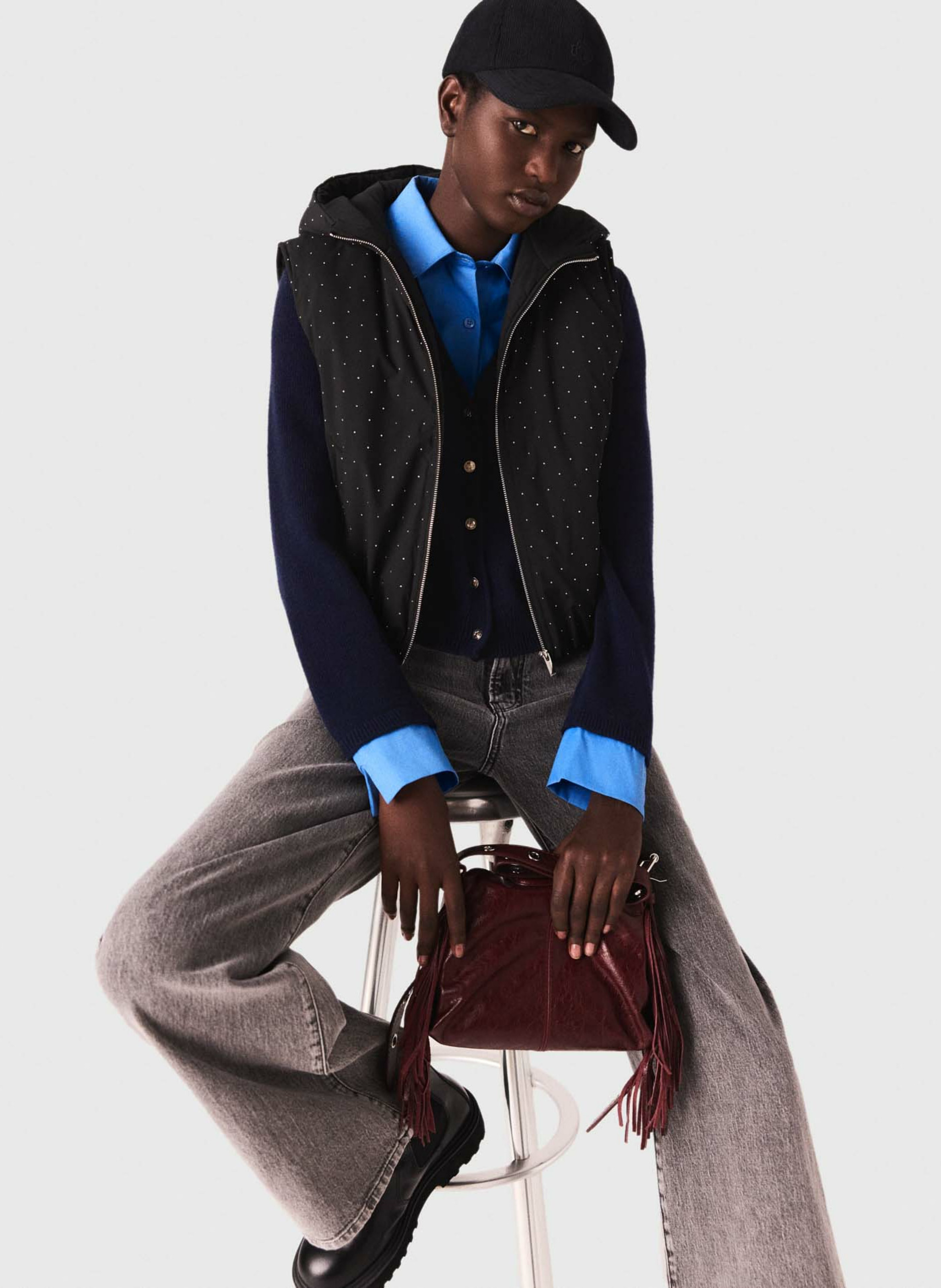 Doudoune droite col rond à strass MAJE Noir