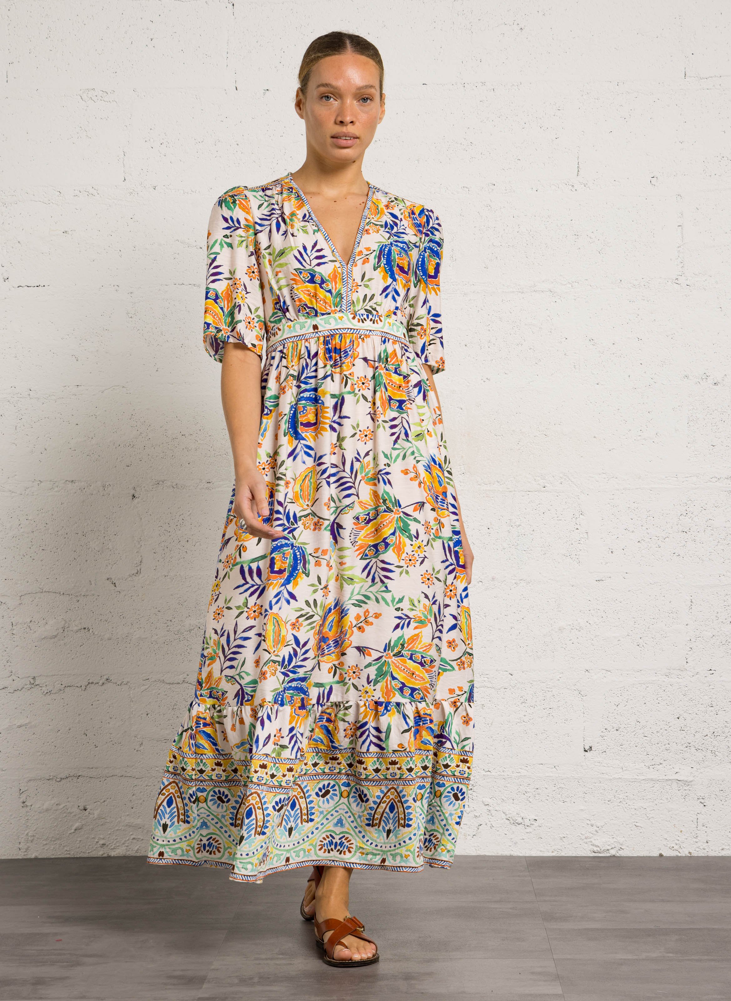 Long floral print V-neck dress SEE U SOON White