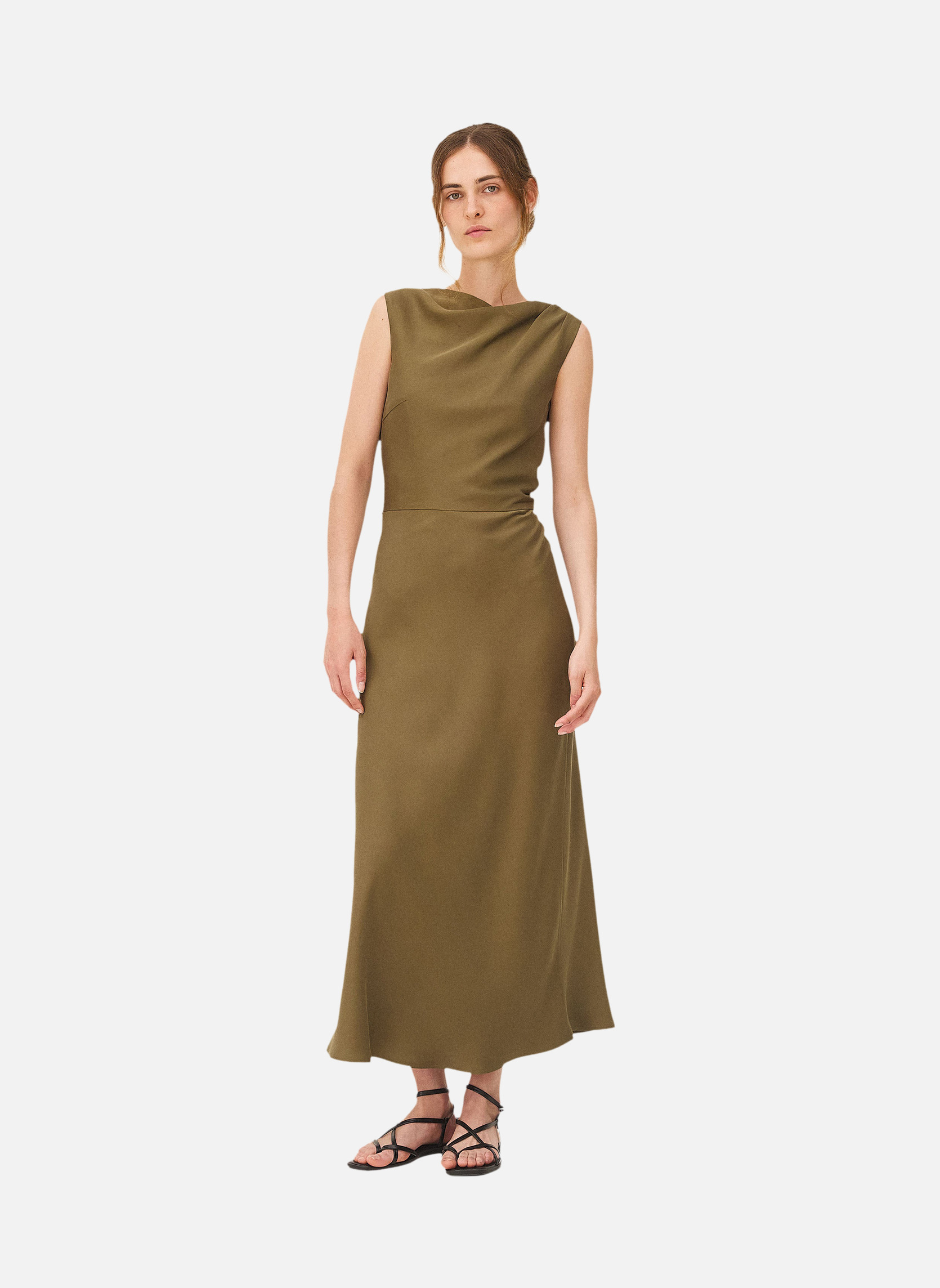 Long dress Kalmar khaki satin Noyoco Green