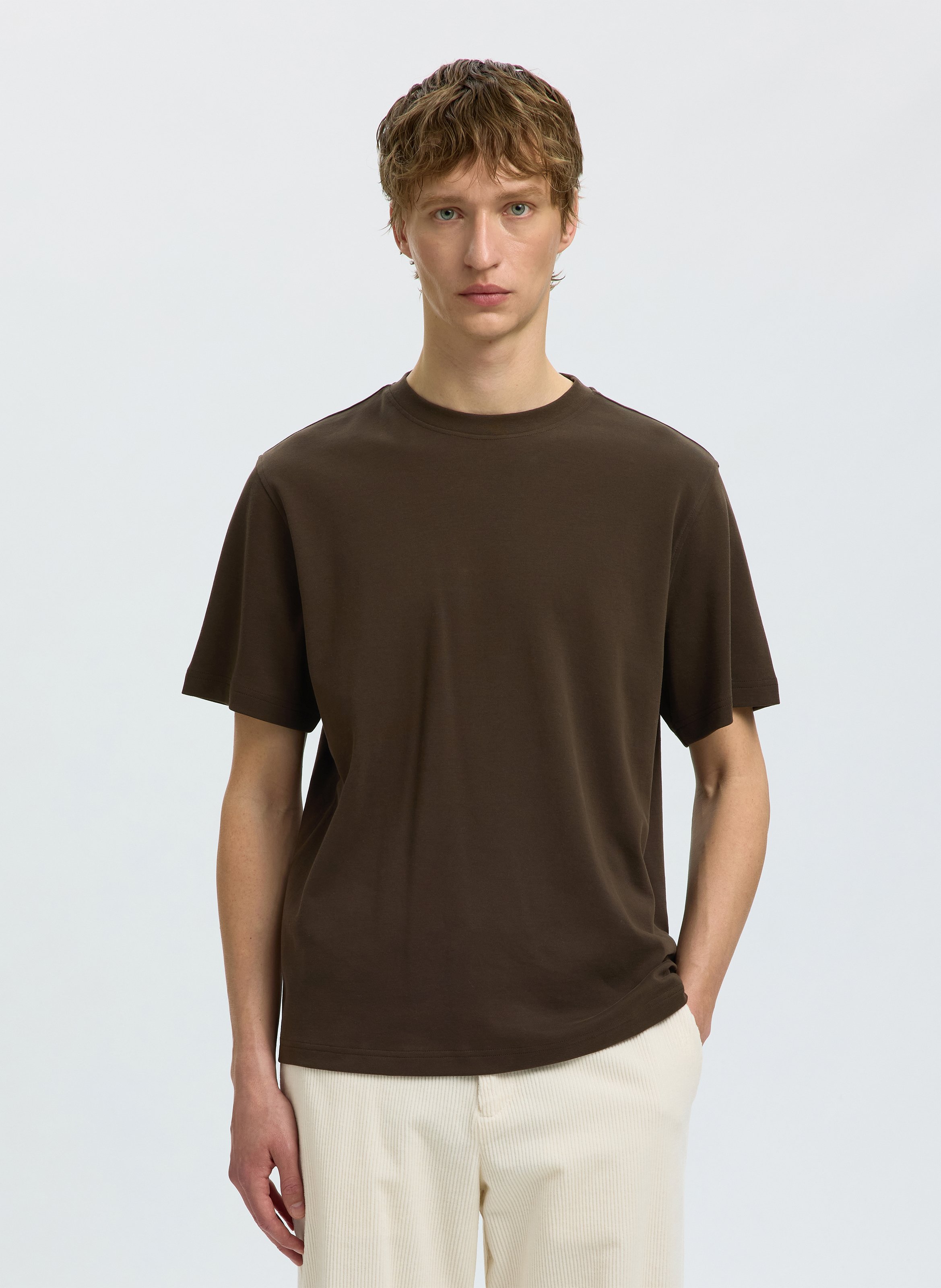 Straight-cut organic cotton T-shirt SELECTED Brown