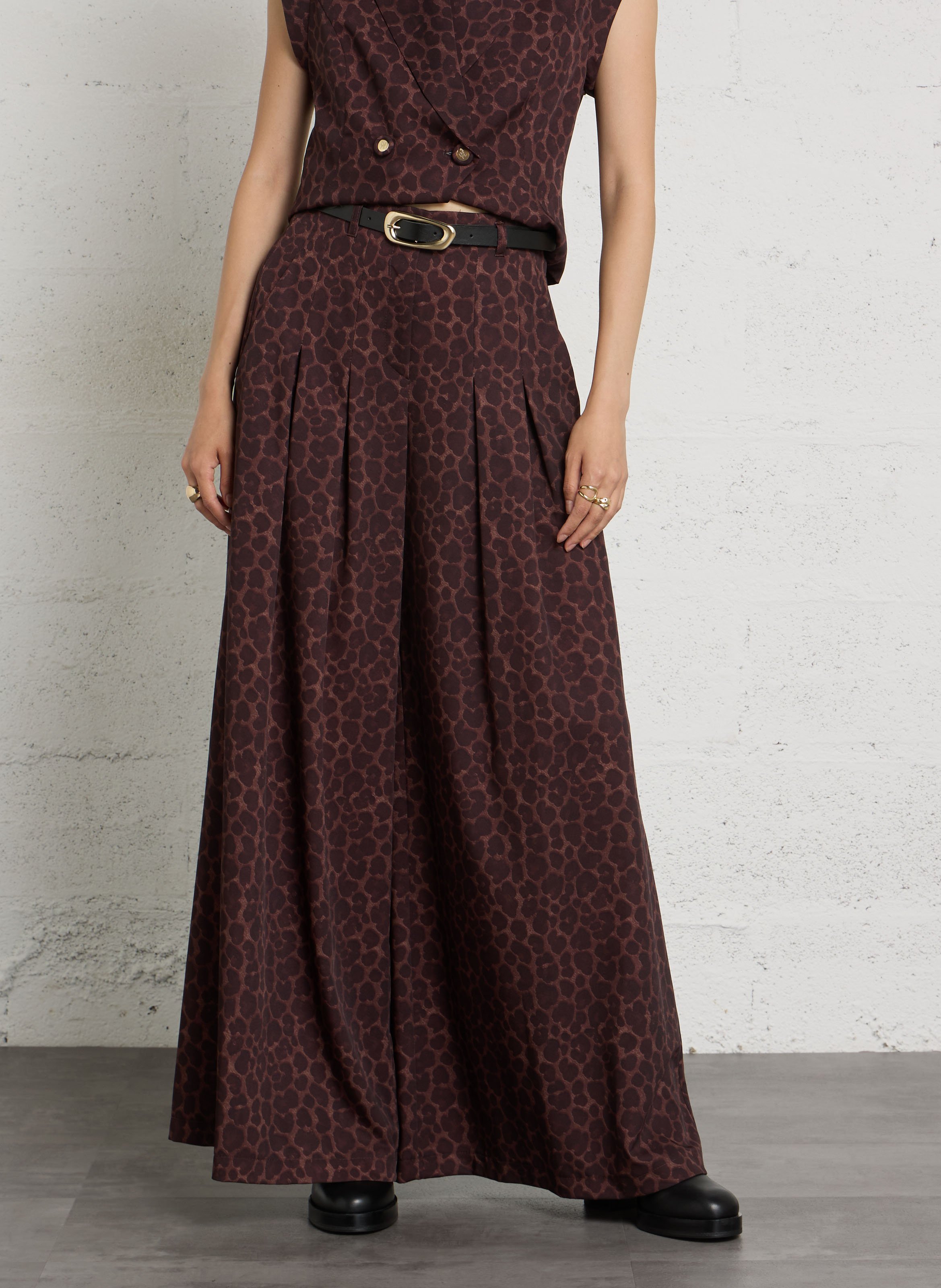Pantalon large taille haute imprimé IMPERIAL Marron