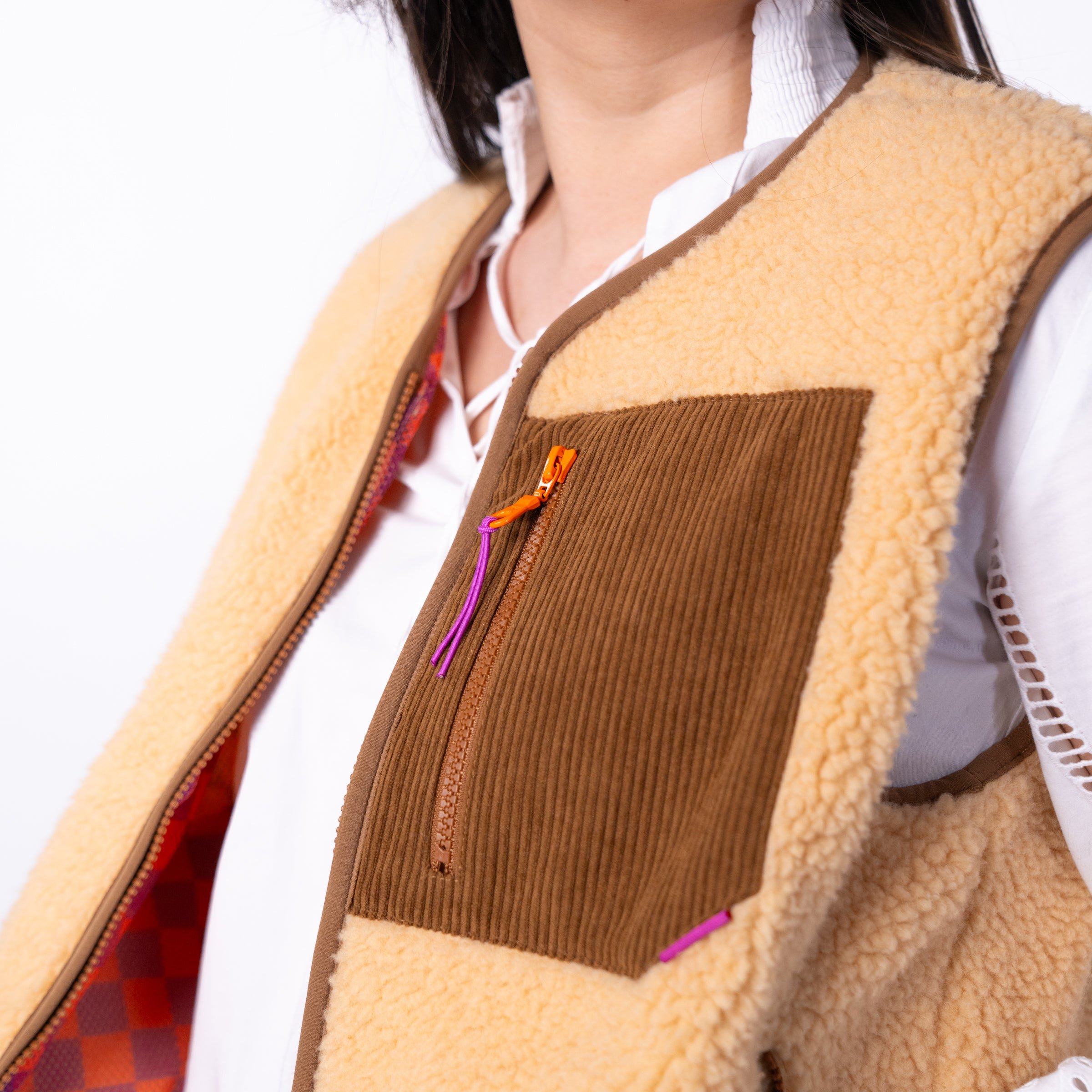 Sleeveless Sherpa Zip-Up Vest BILLYBELT Beige