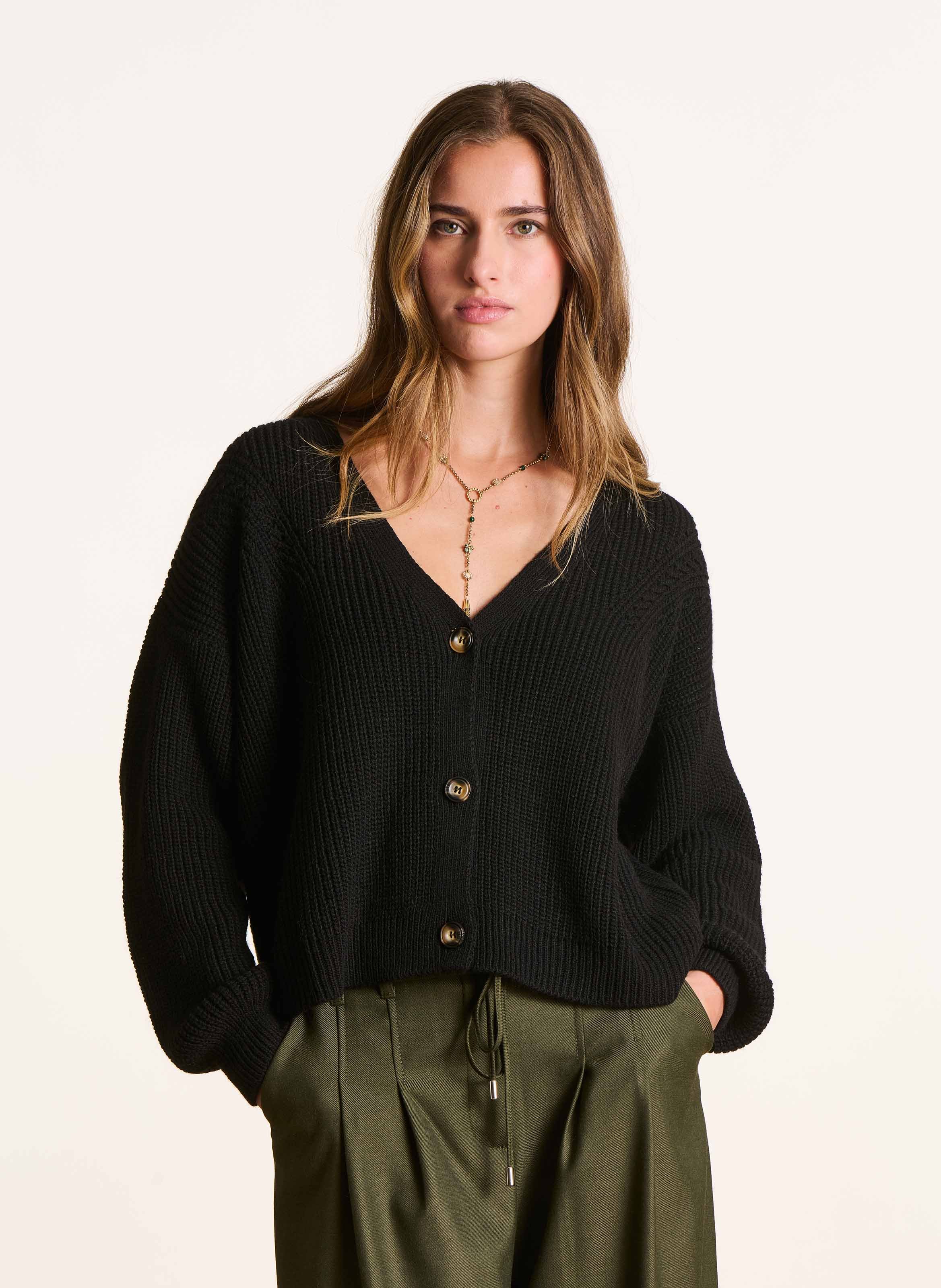Loose-fit mixed-knit V-neck cardigan LA FEE MARABOUTEE