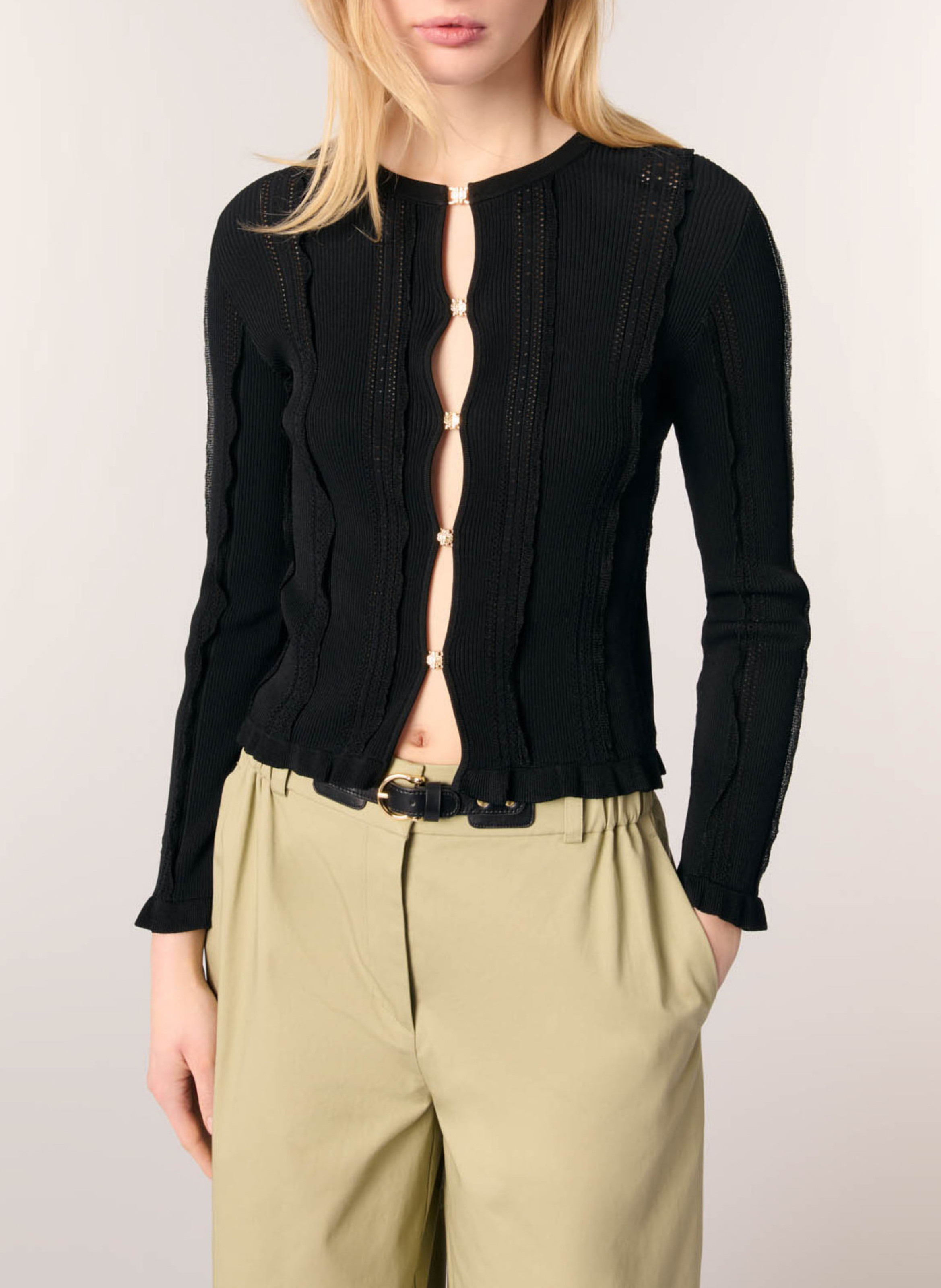 Cardigan droit col rond en maille ajourée MAJE Noir