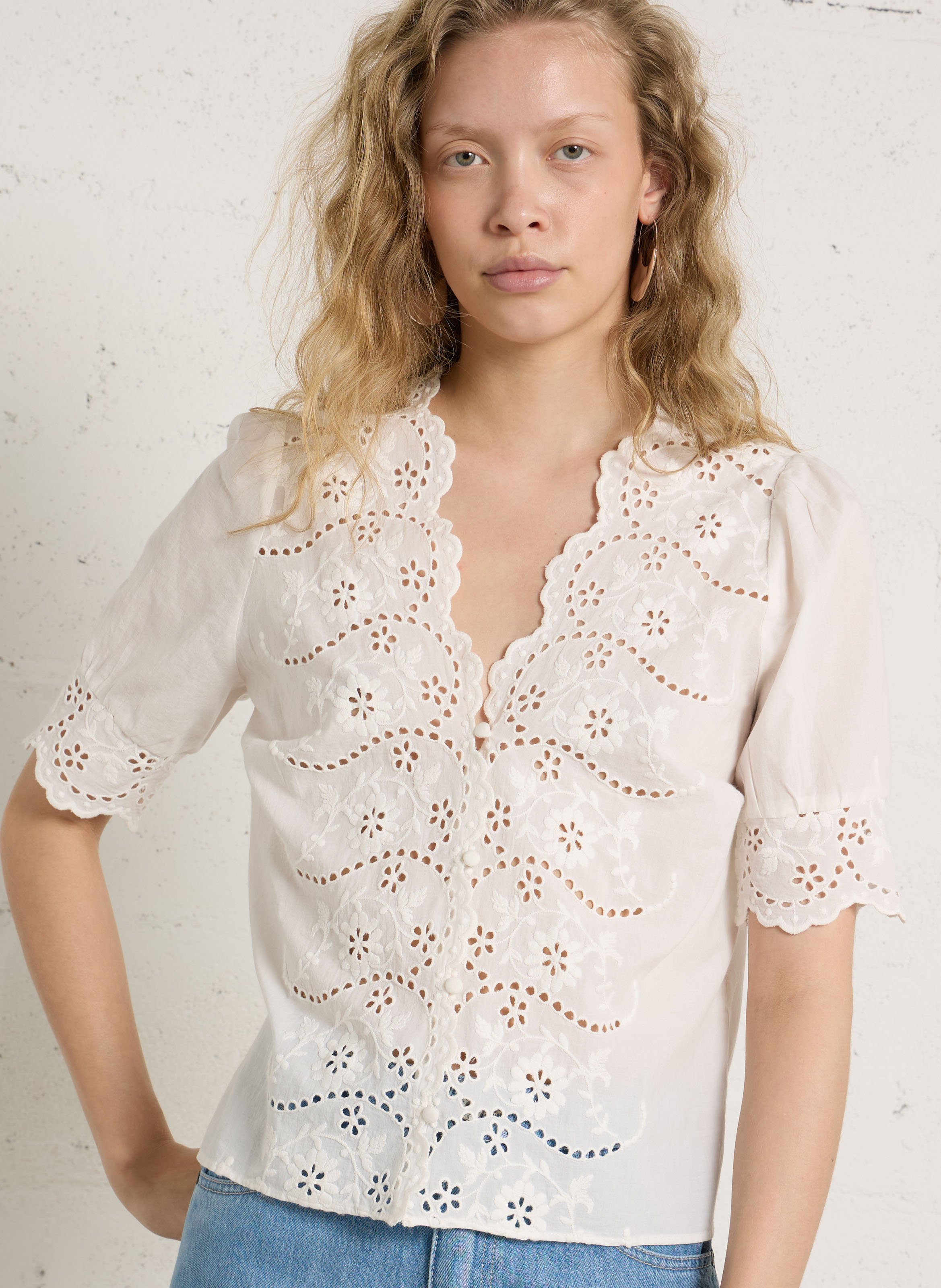 Top droit en coton brodé PETITE MENDIGOTE Beige