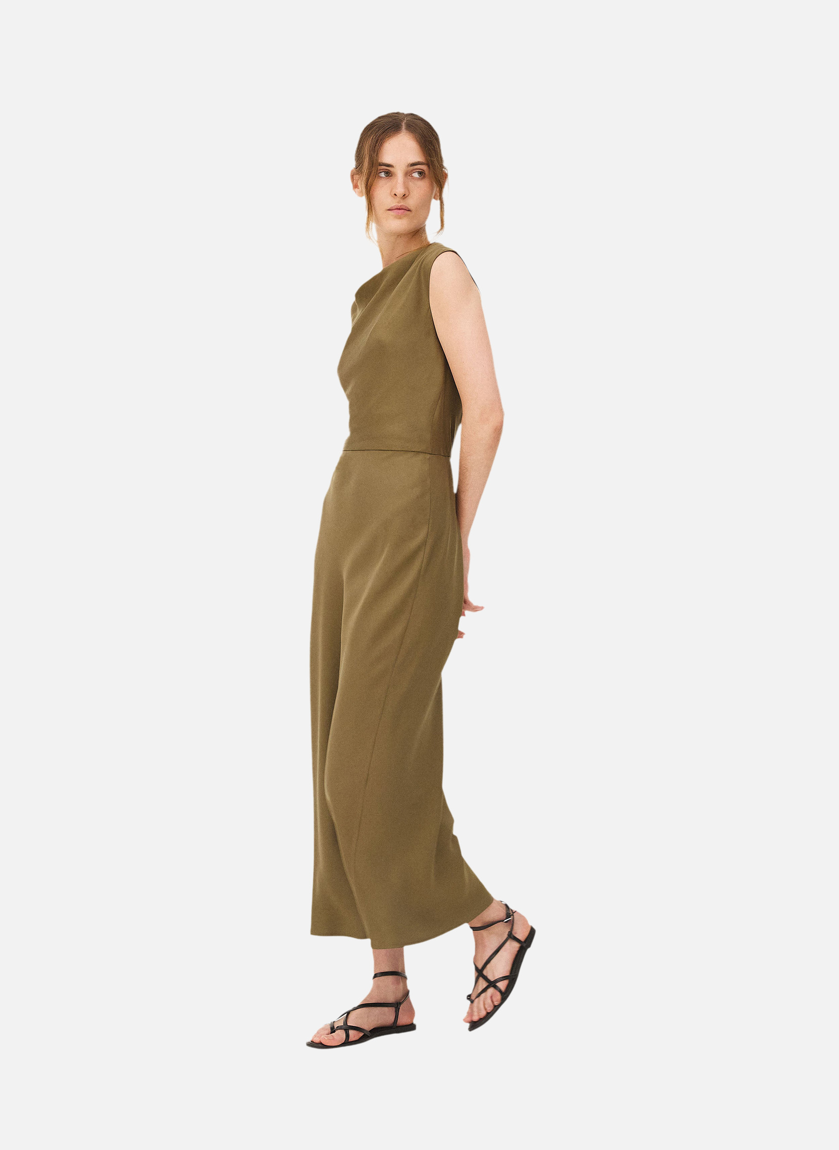 Long dress Kalmar khaki satin Noyoco Green