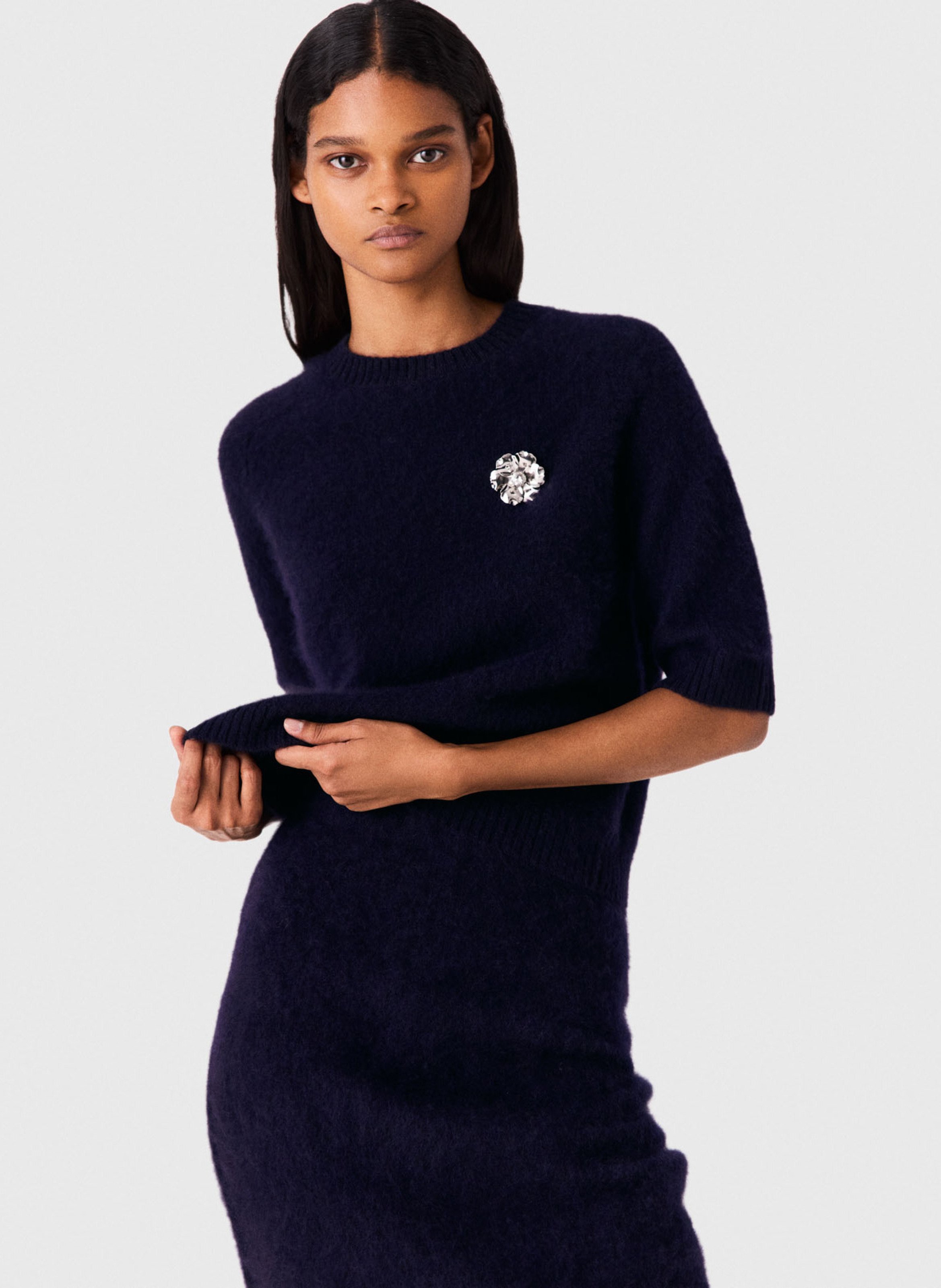 T-shirt court à bijou en laine  MAJE Bleu