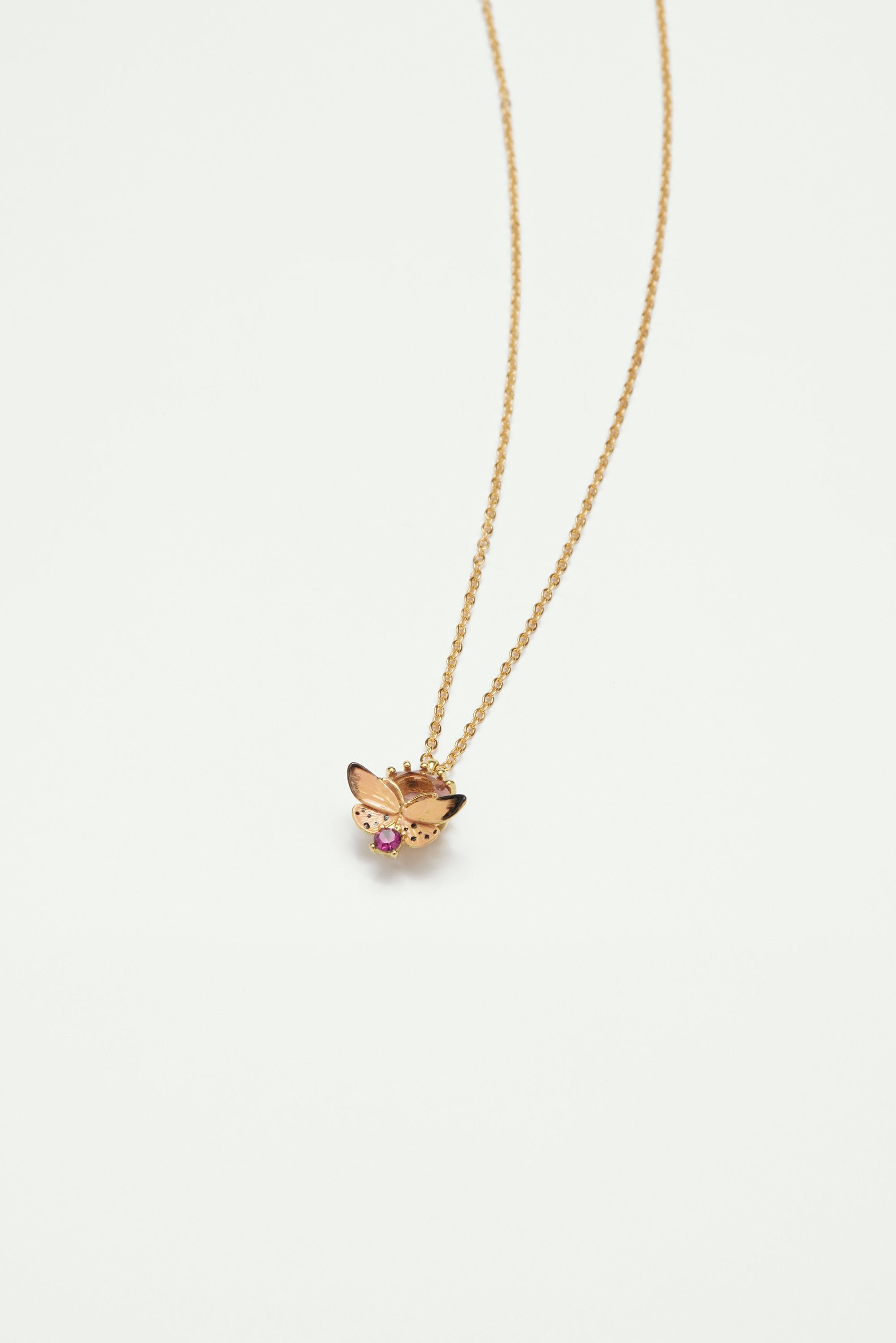 Collier pendentif papillon émaillé et pierres en verre taillé LES NEREIDES Rose