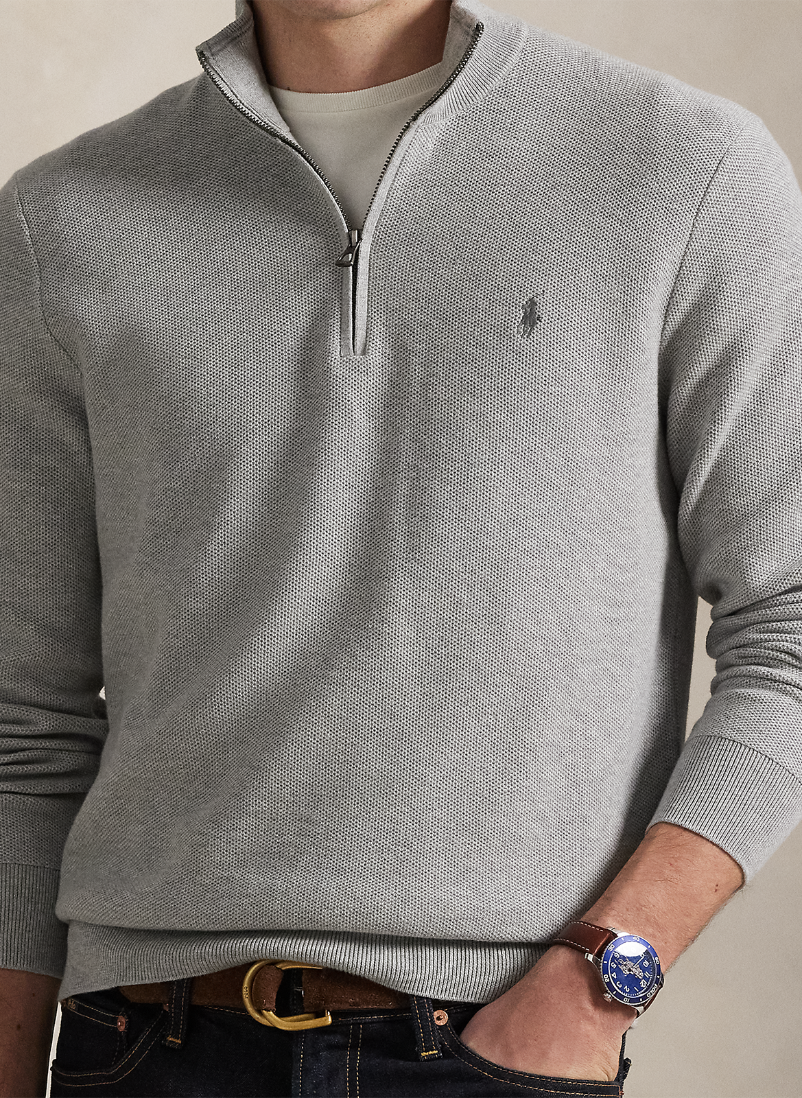 Trui van piquékatoen met opstaande kraag en rits POLO RALPH LAUREN Grijs