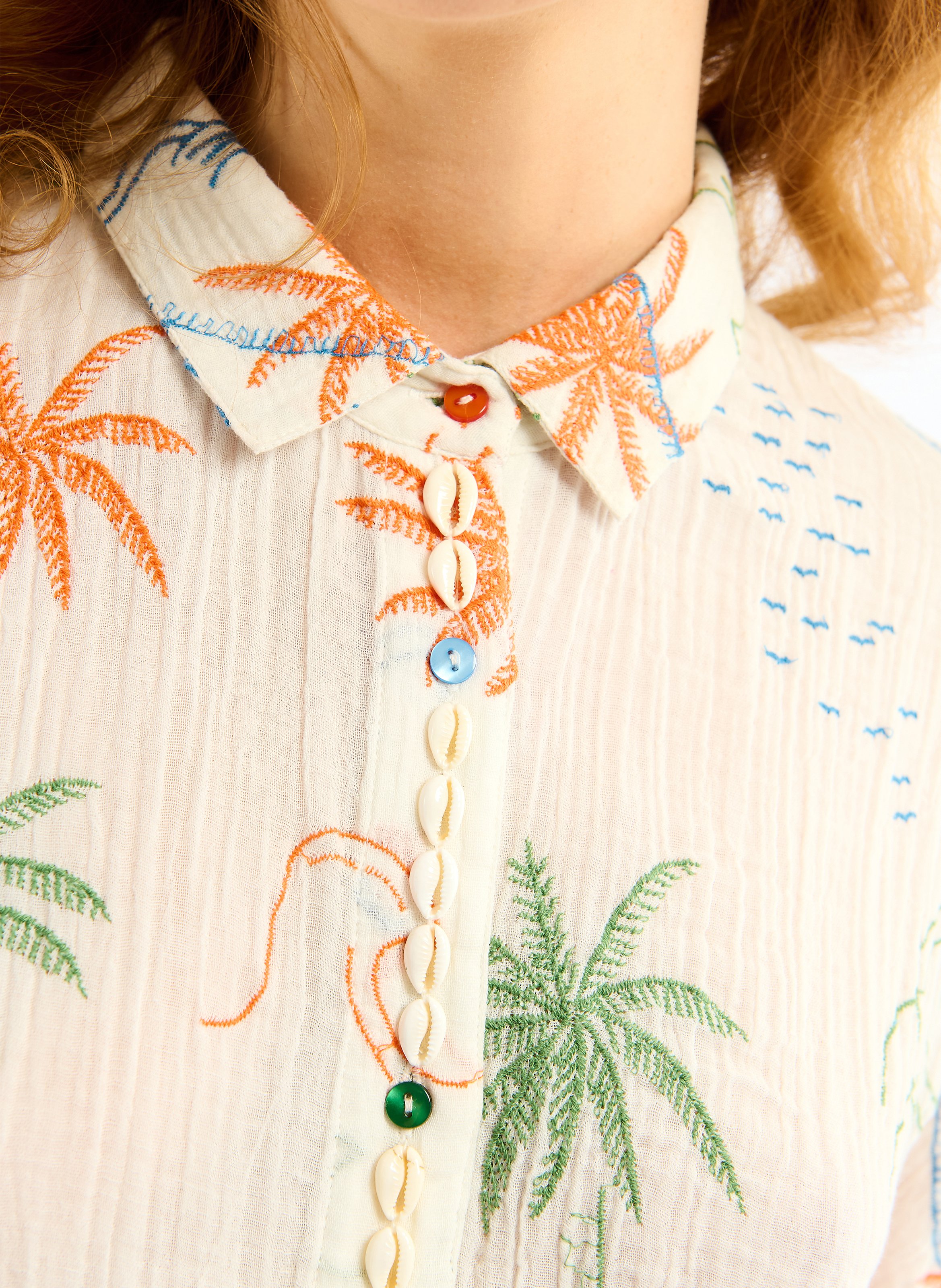 Straight embroidered cotton gauze shirt WILD Beige