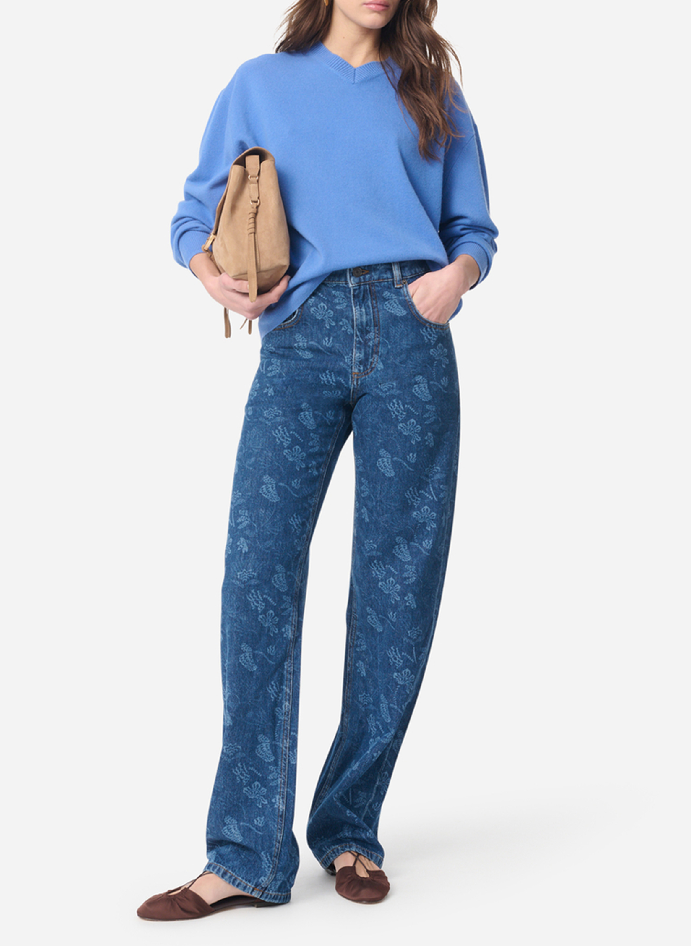 Pull oversize col V en laine Bleu