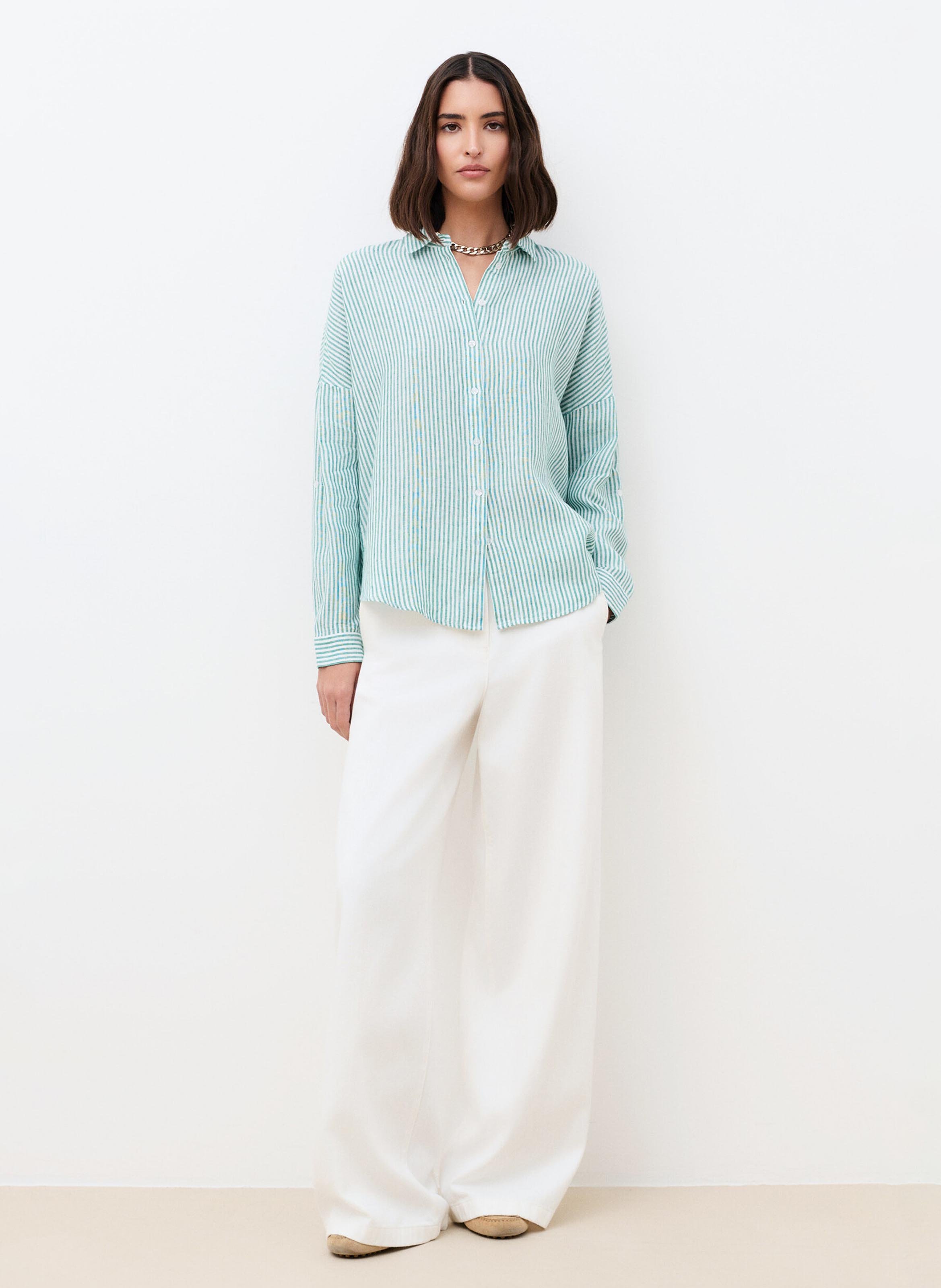 Chemise col classique rayée en lin CAROLL Vert