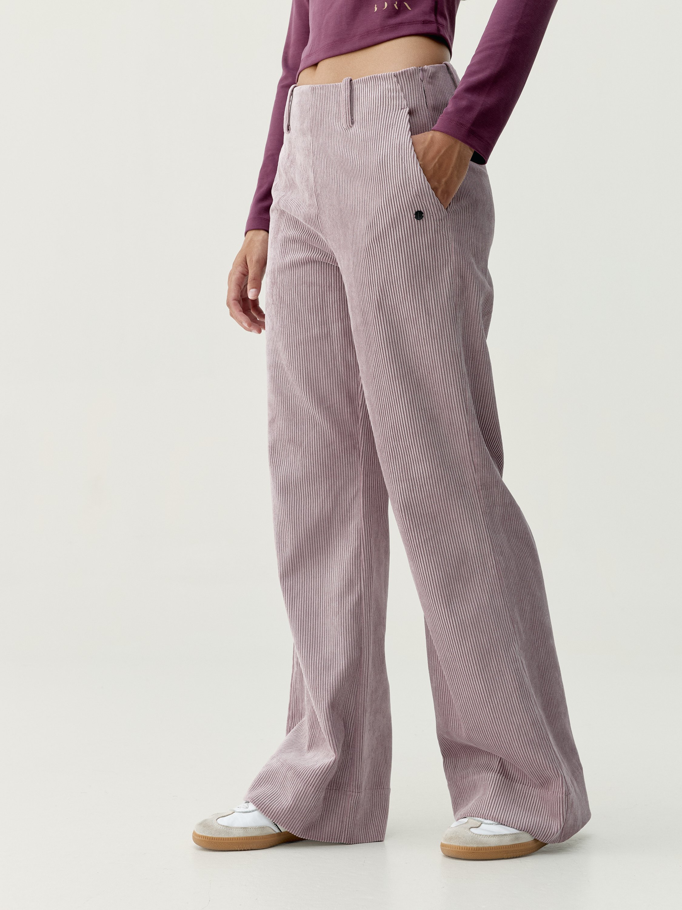Women's zinnia wide leg sports pants with zippered pockets. BORN Pink