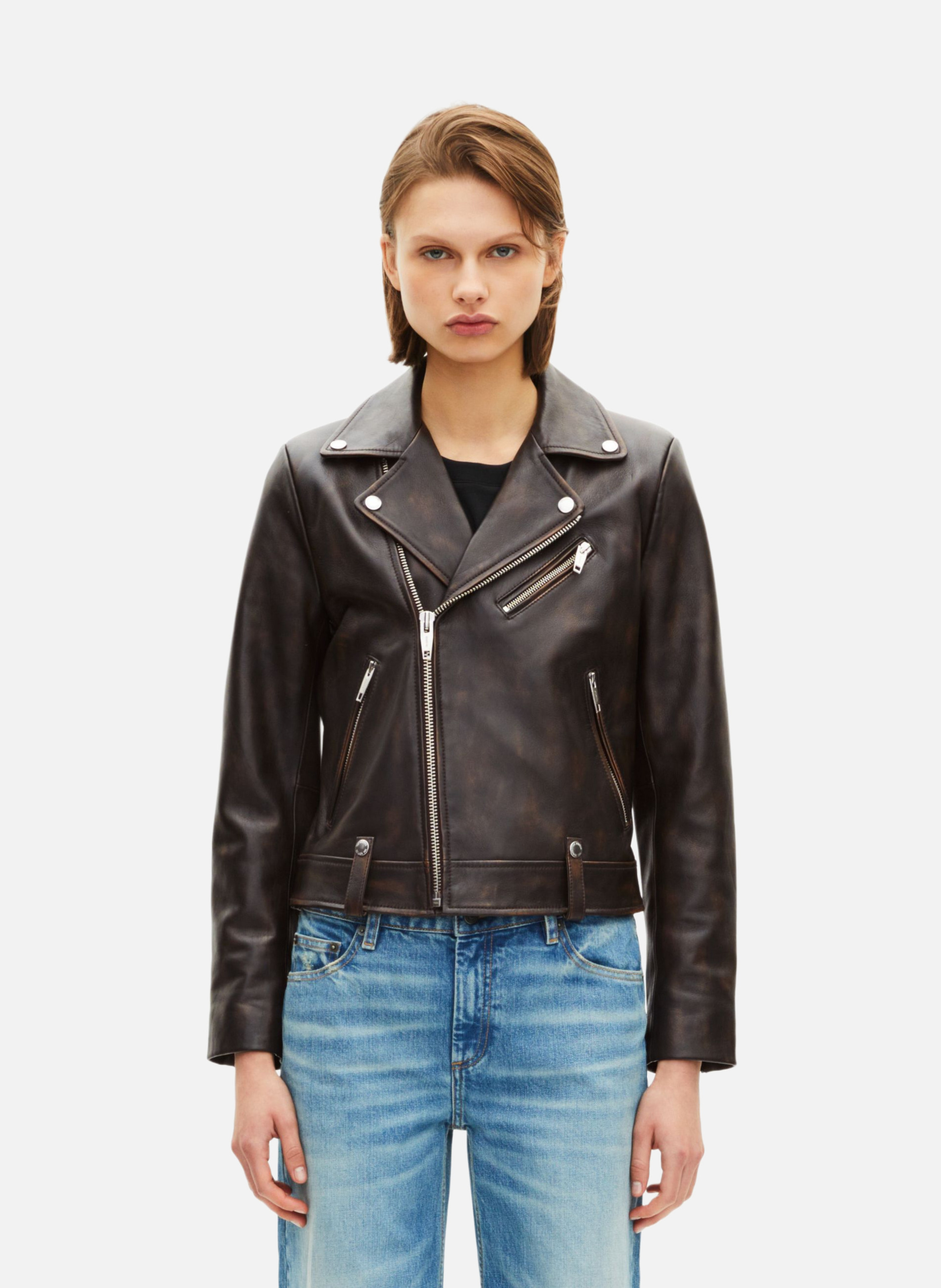Leather biker jacket THE KOOPLES Brown