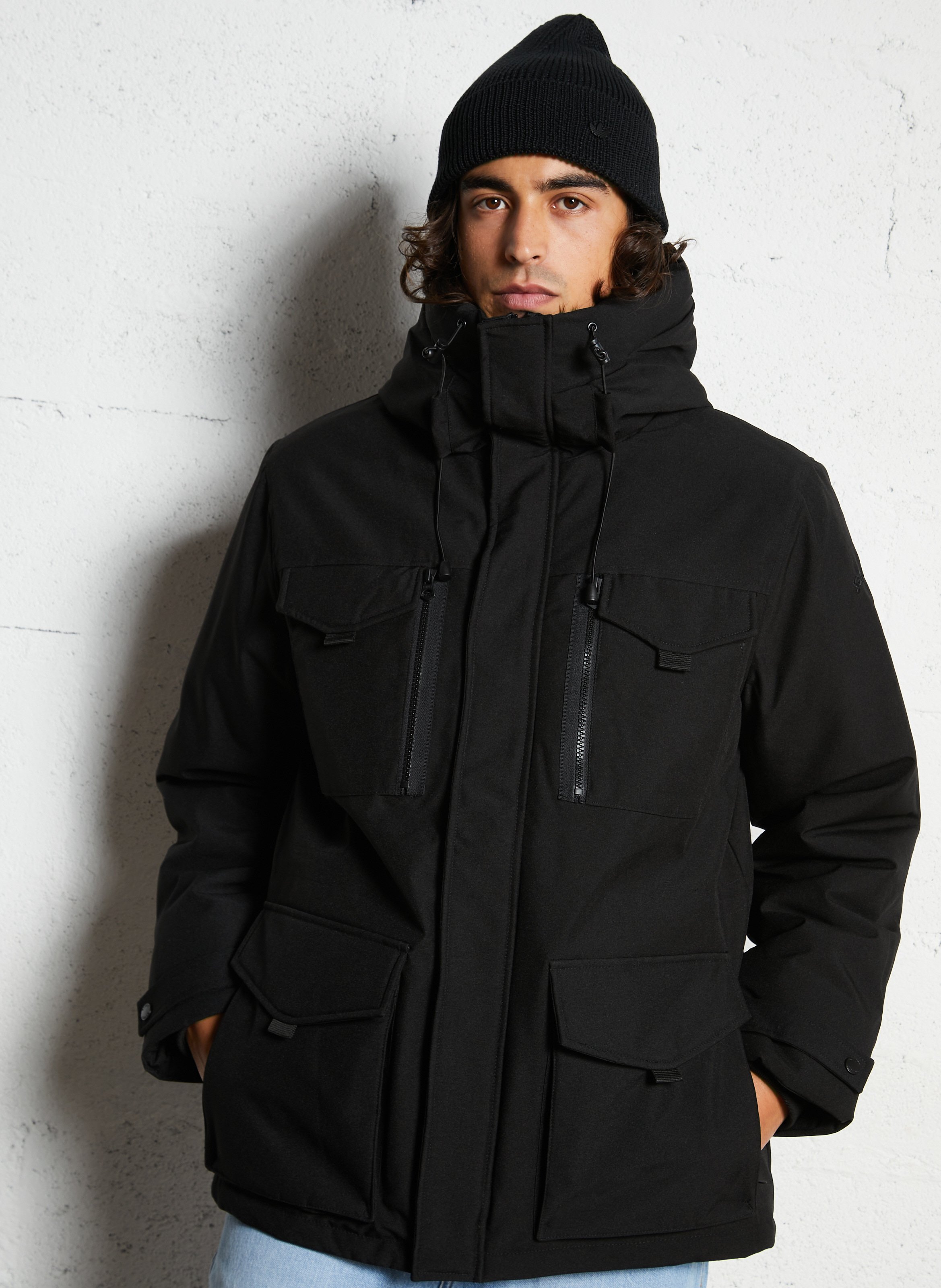 Parka à capuche droite à poches SCHOTT Noir